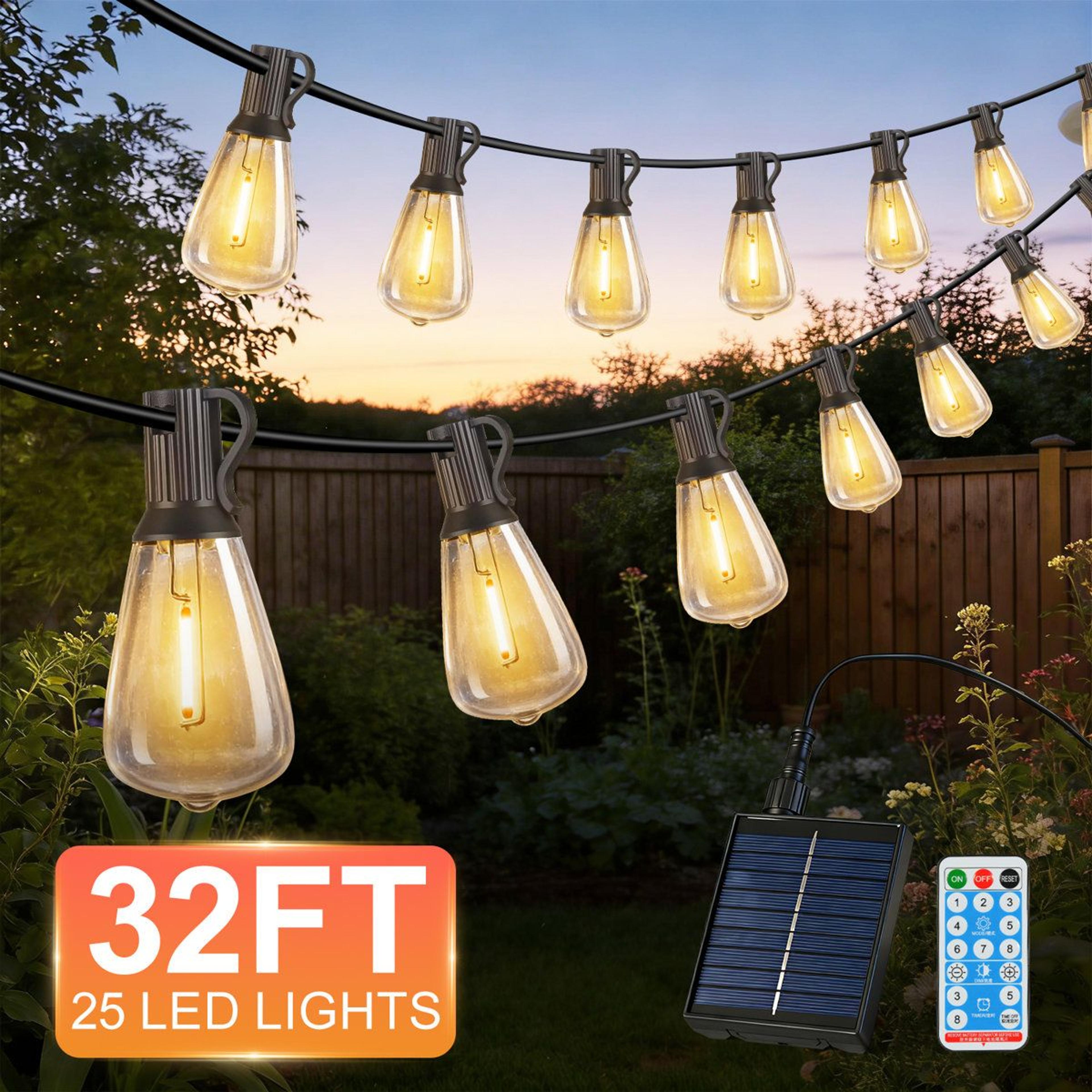 32ft solar string lights with 25 led bulbs remote control and 8 lighting modes
