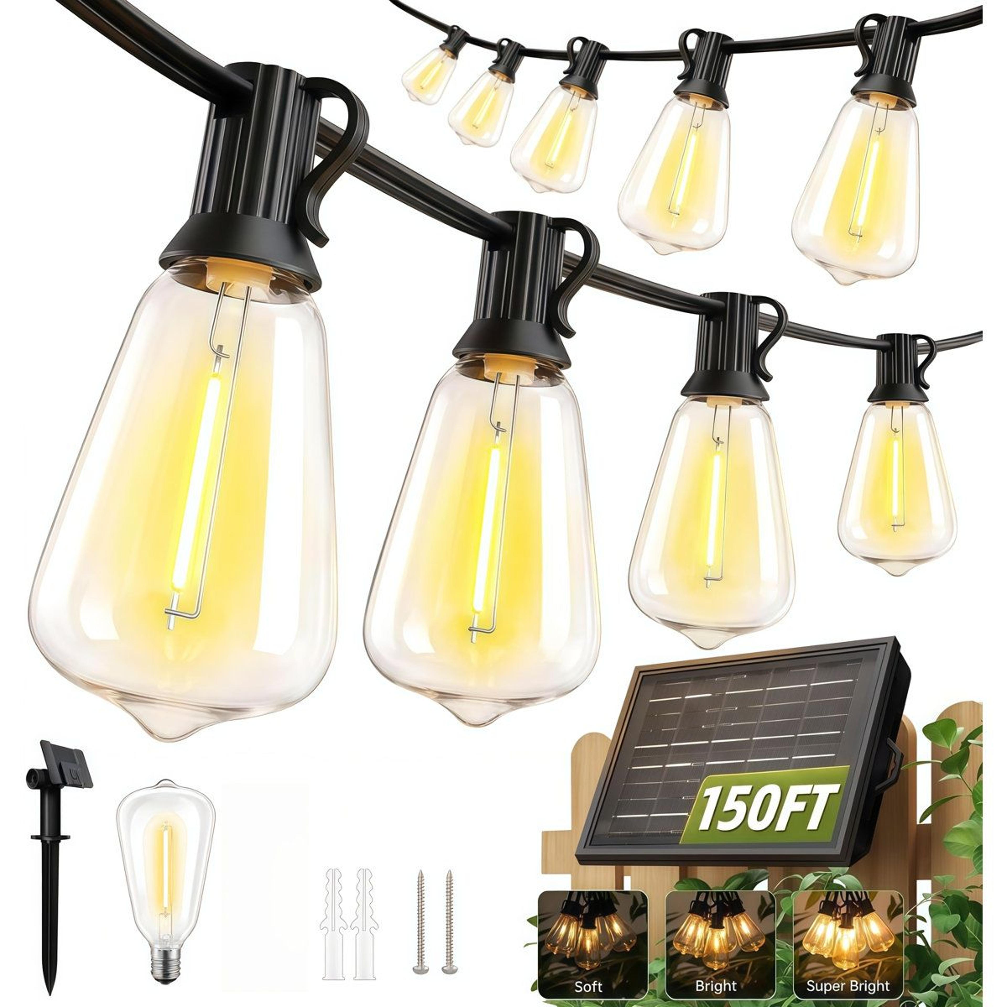 150 ft solar string lights with remote and 36 dimmable edison bulbs