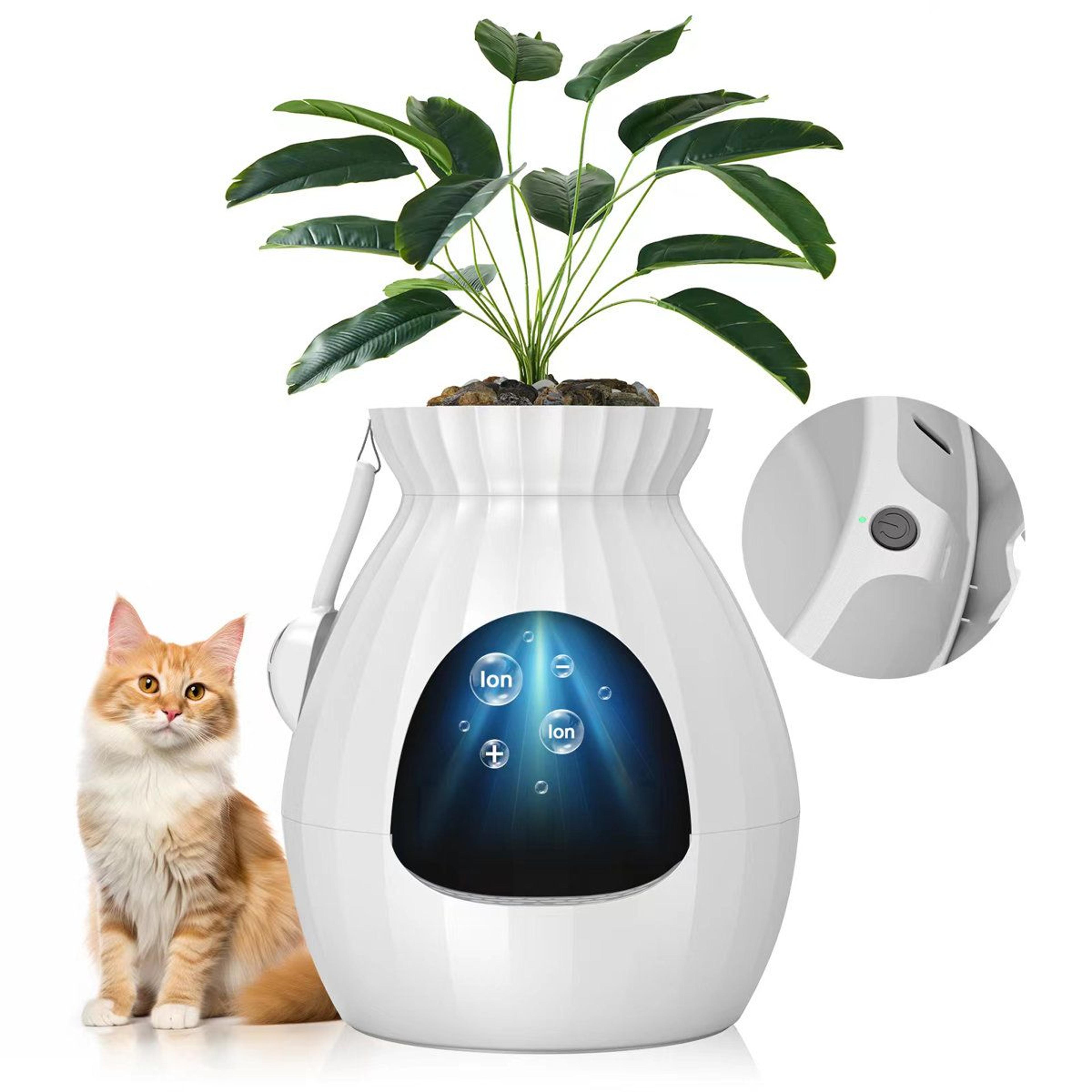 plant litter box furniture with electronic odor control and built-in scoop