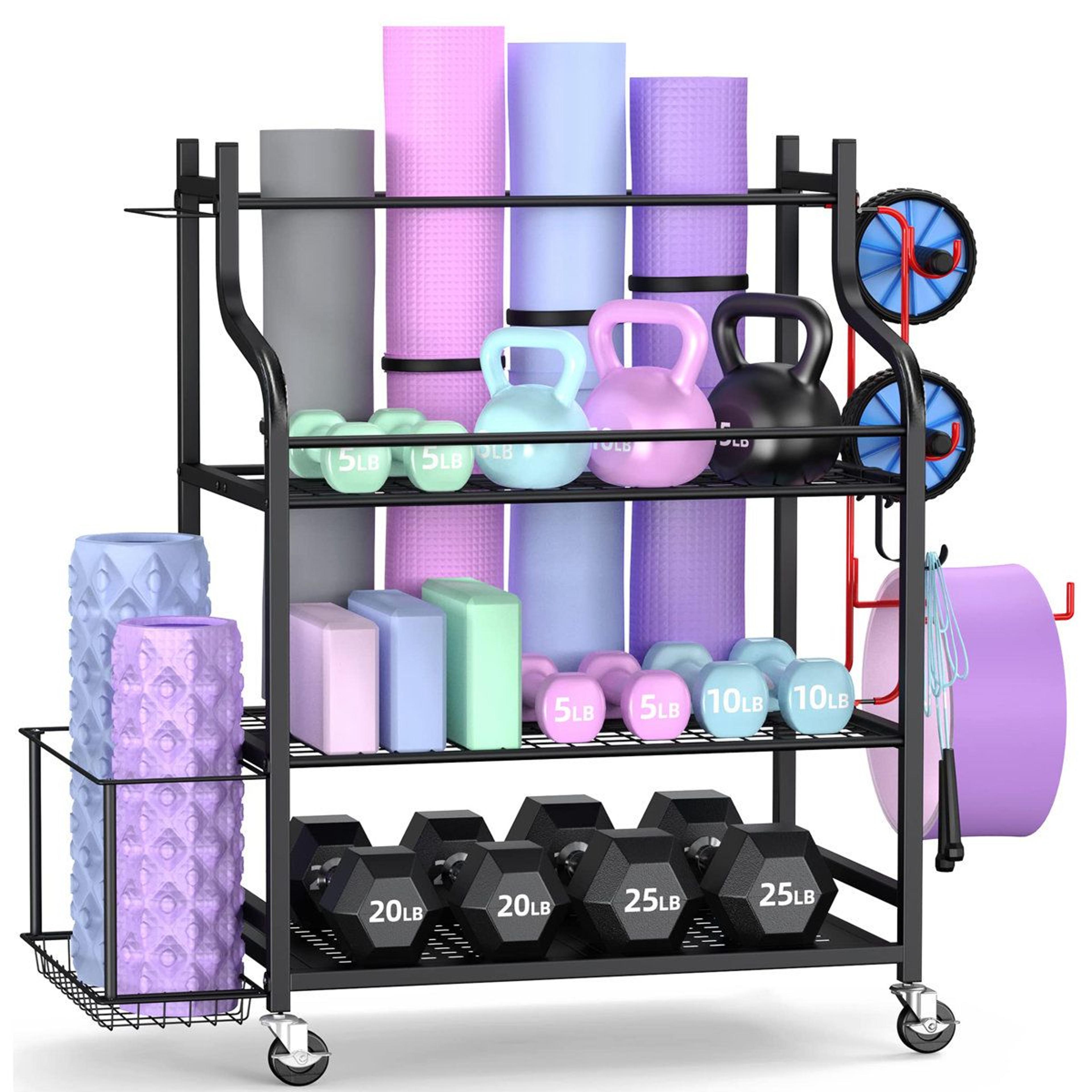 freestanding steel sports equipment storage rack with shelves hooks and wheels