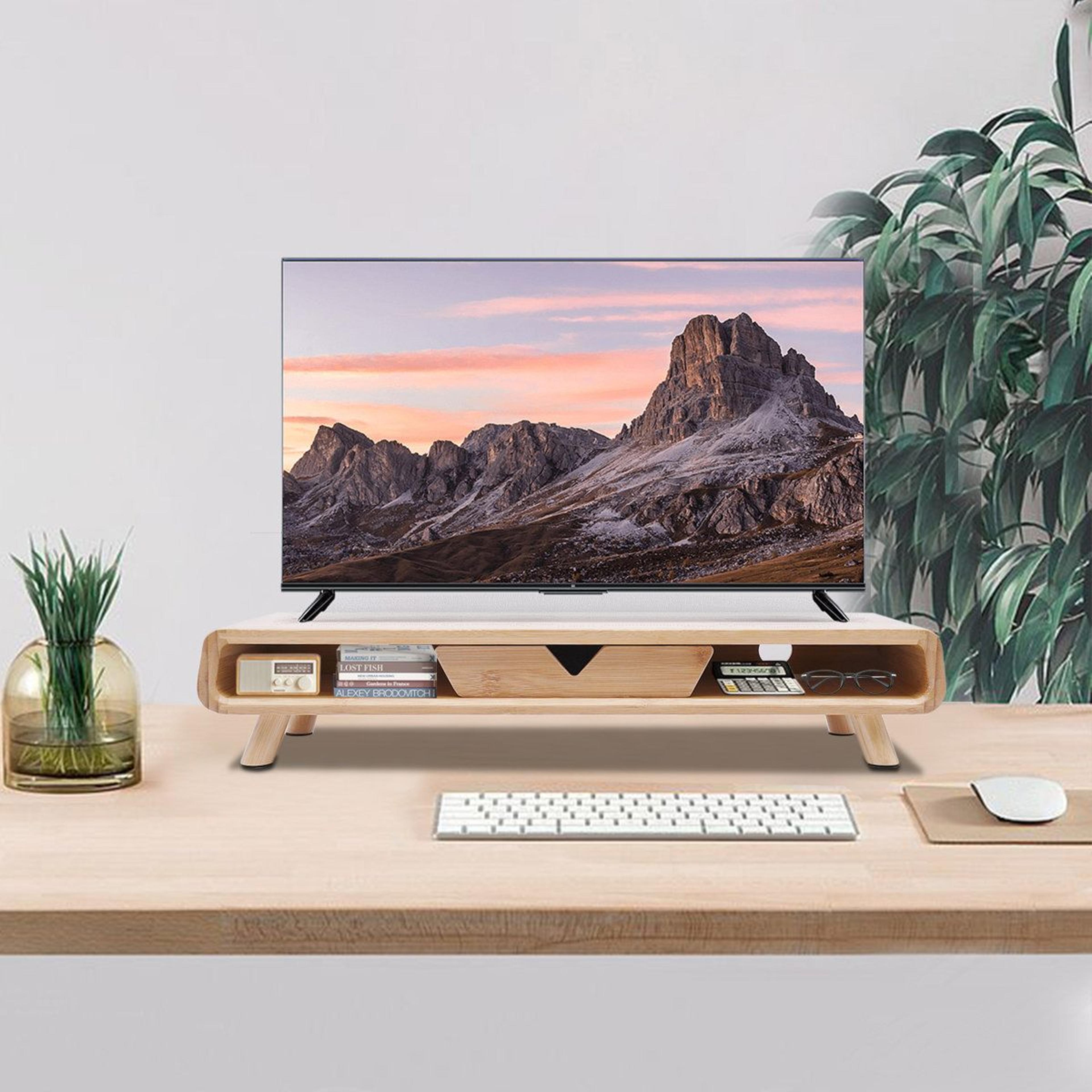 bamboo monitor stand with drawer and cable management