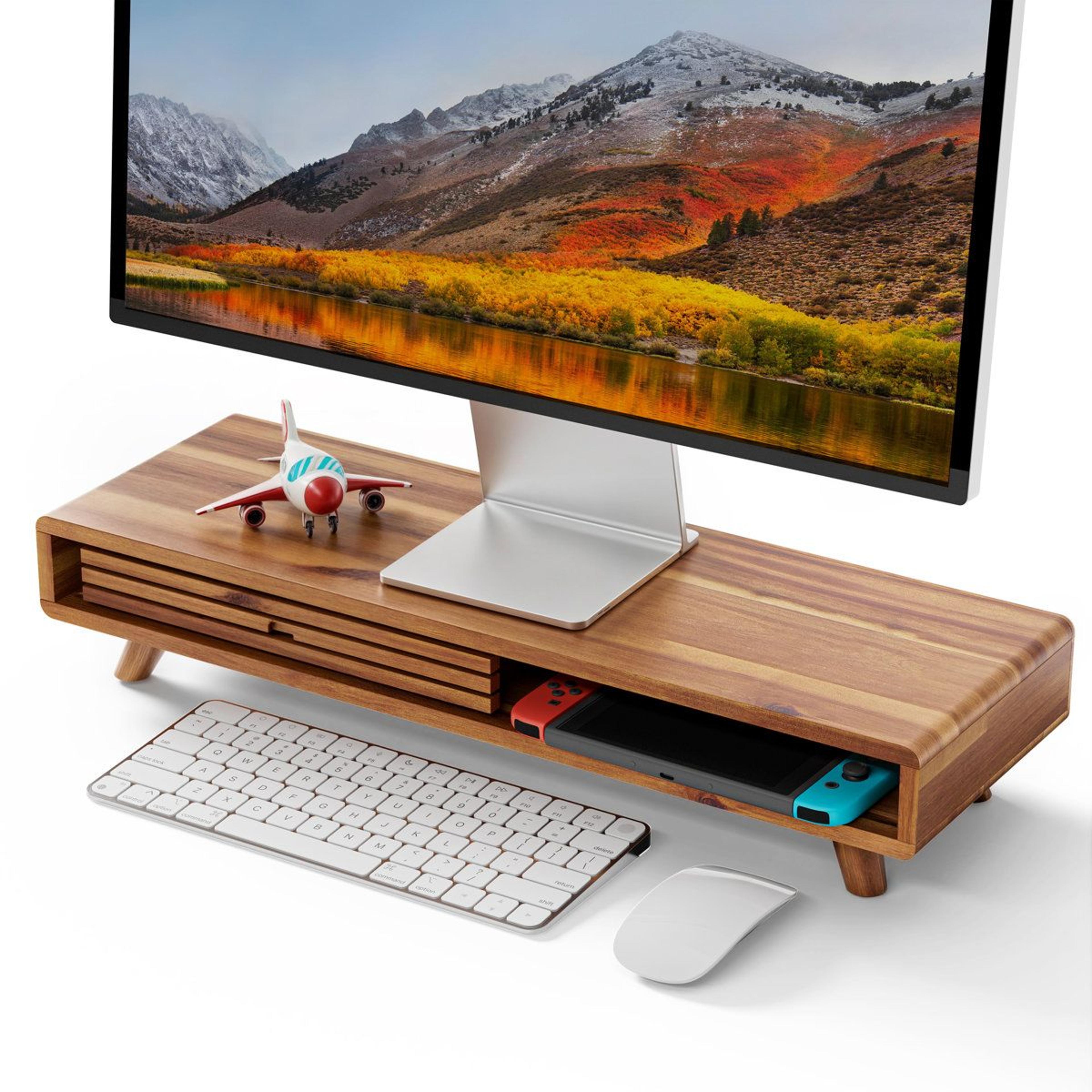 acacia wood monitor stand riser with sliding door storage