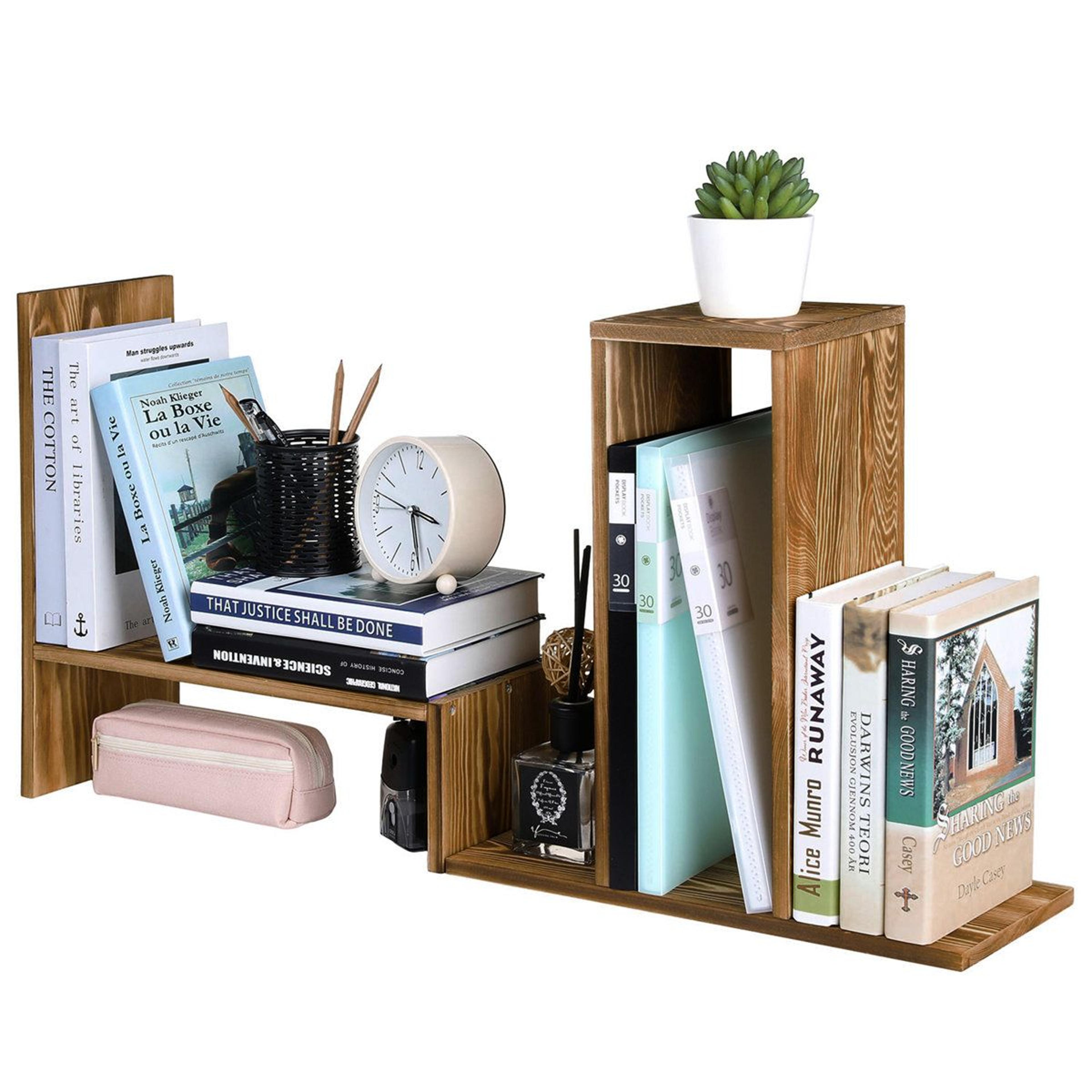adjustable solid wood desktop organizer shelf in brown