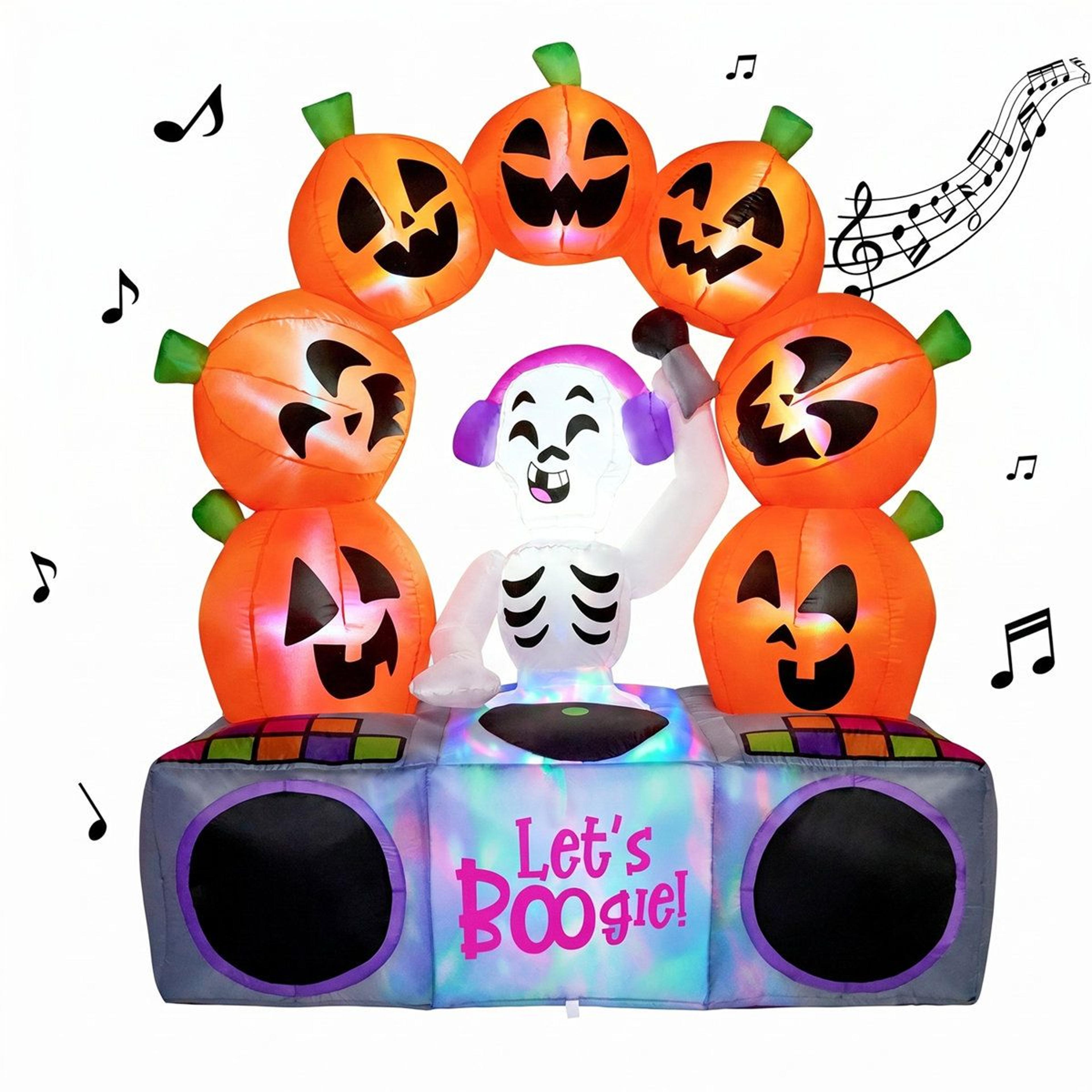 6 ft halloween inflatable skeleton pumpkin with color changing lights and music loop