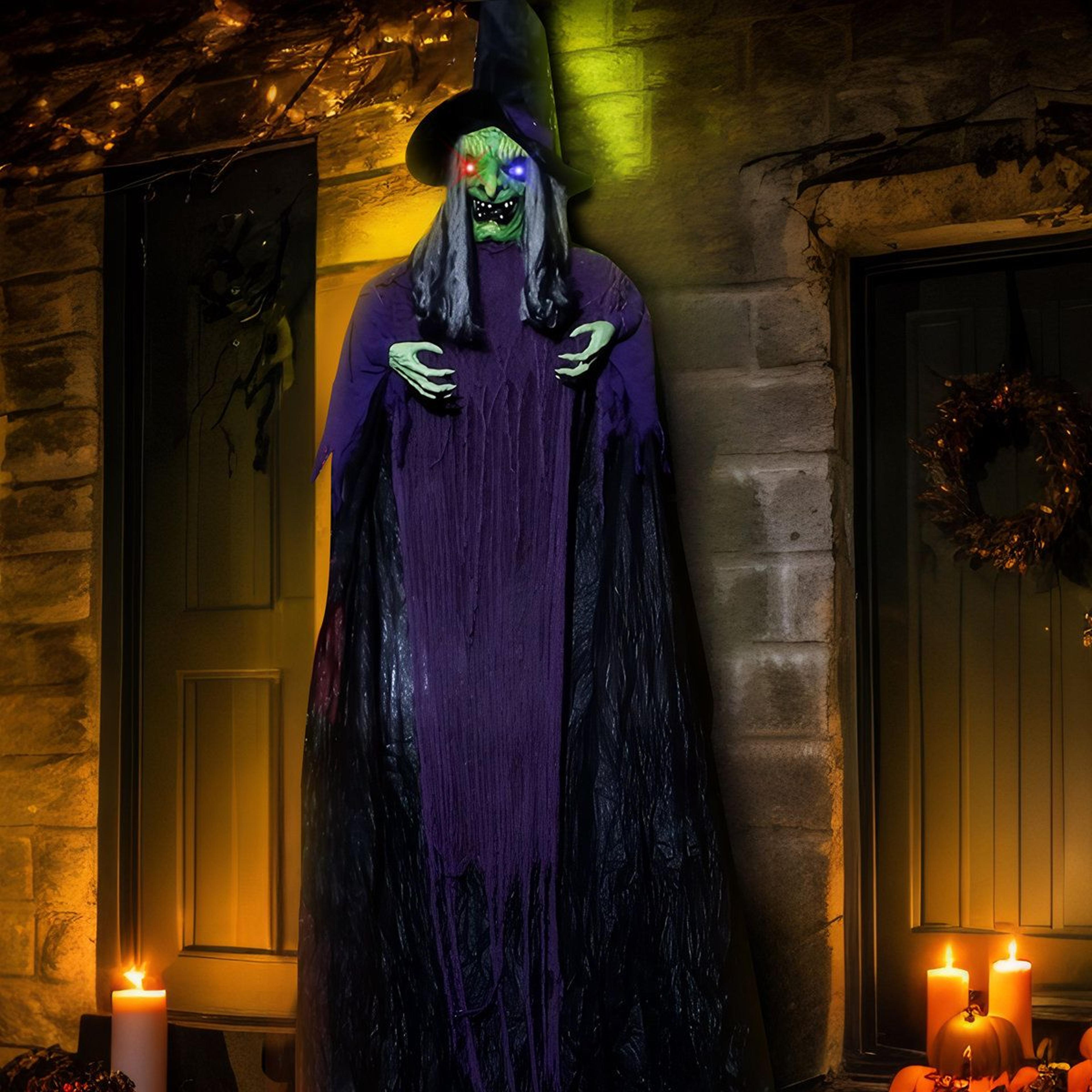 life size hanging talking witch decoration with light up led eyes