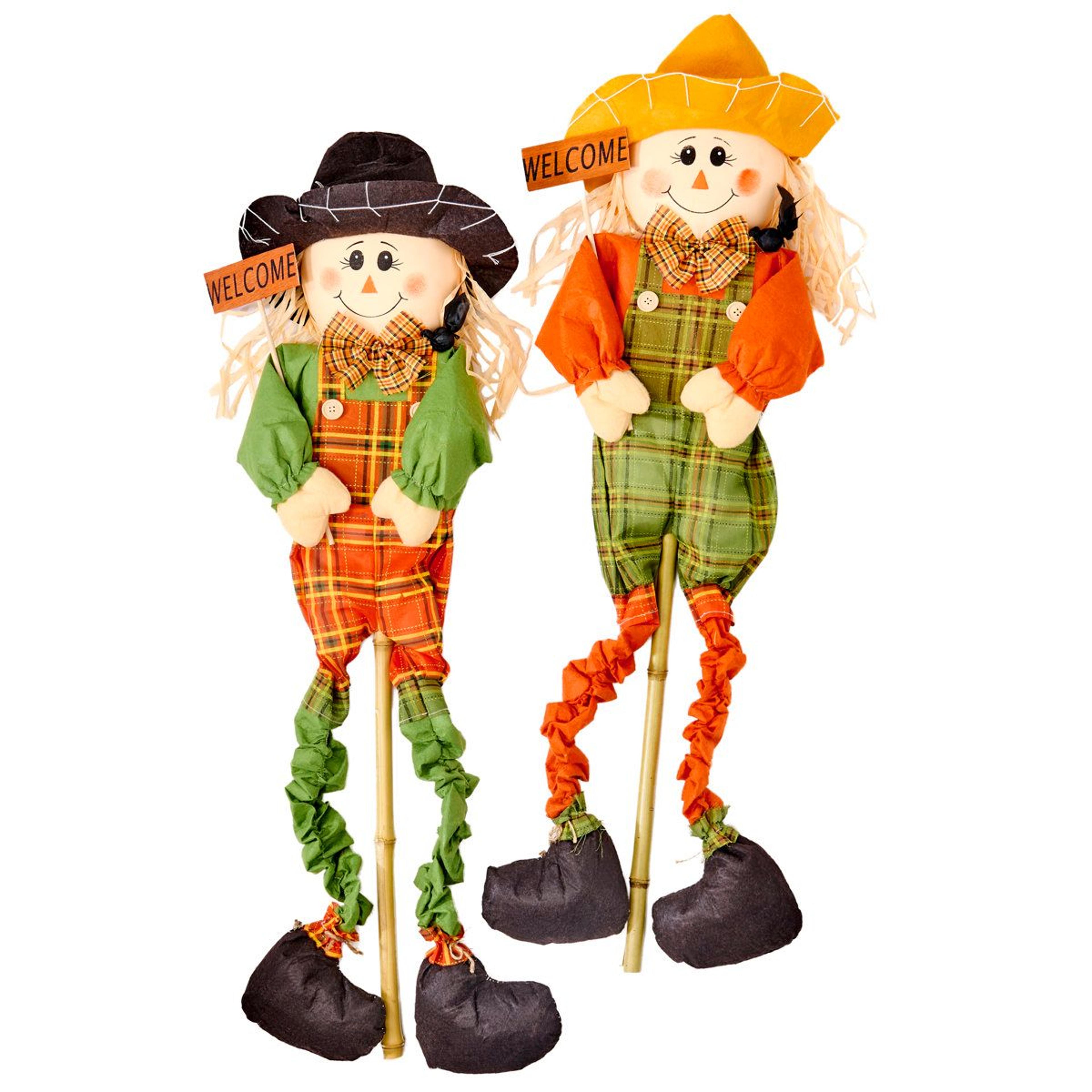 48 inch fall harvest squiggly leg scarecrow set with welcome sign stake for lawn and garden set of 2