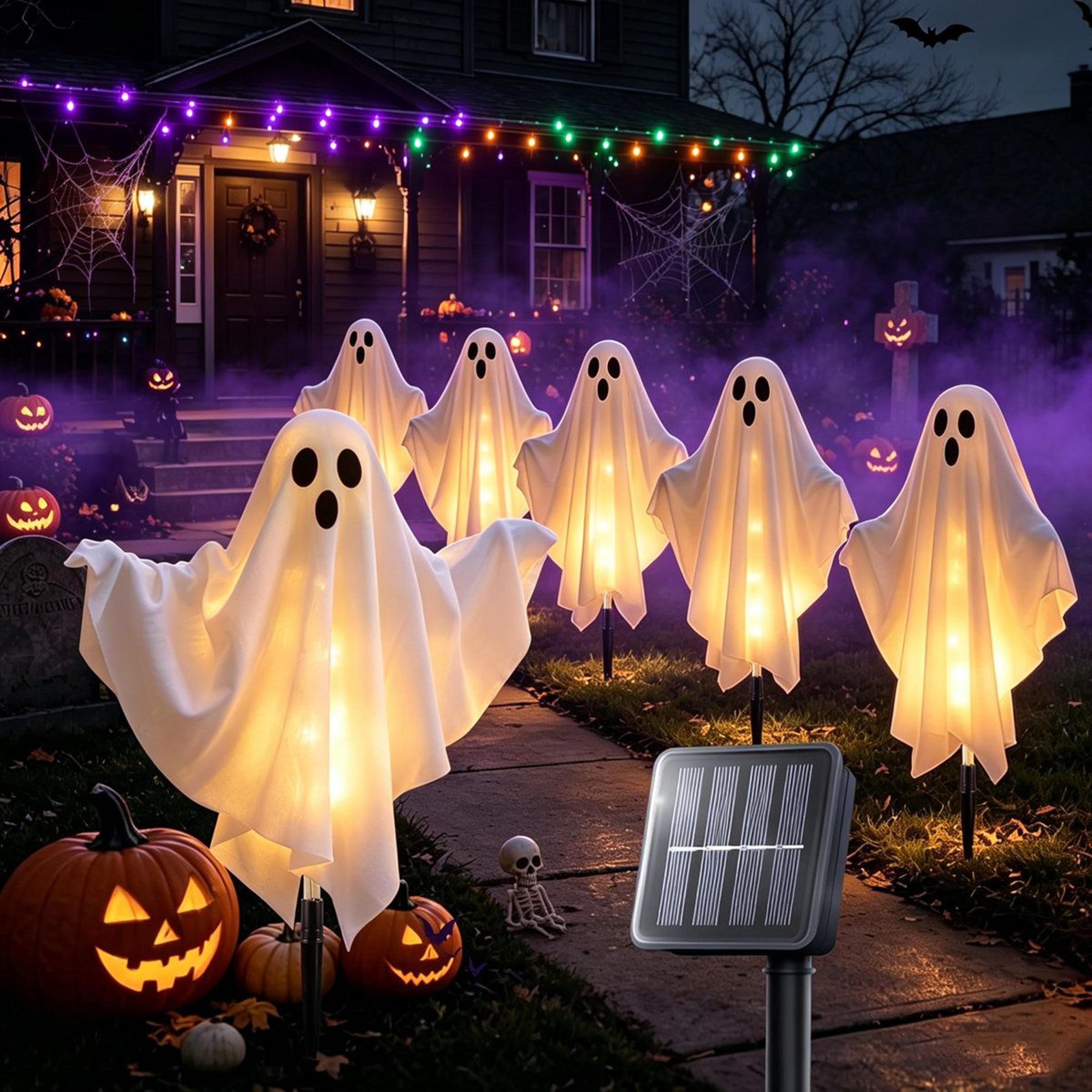 6 pack outdoor solar halloween ghost stake lights with poseable arms and 8 lighting modes