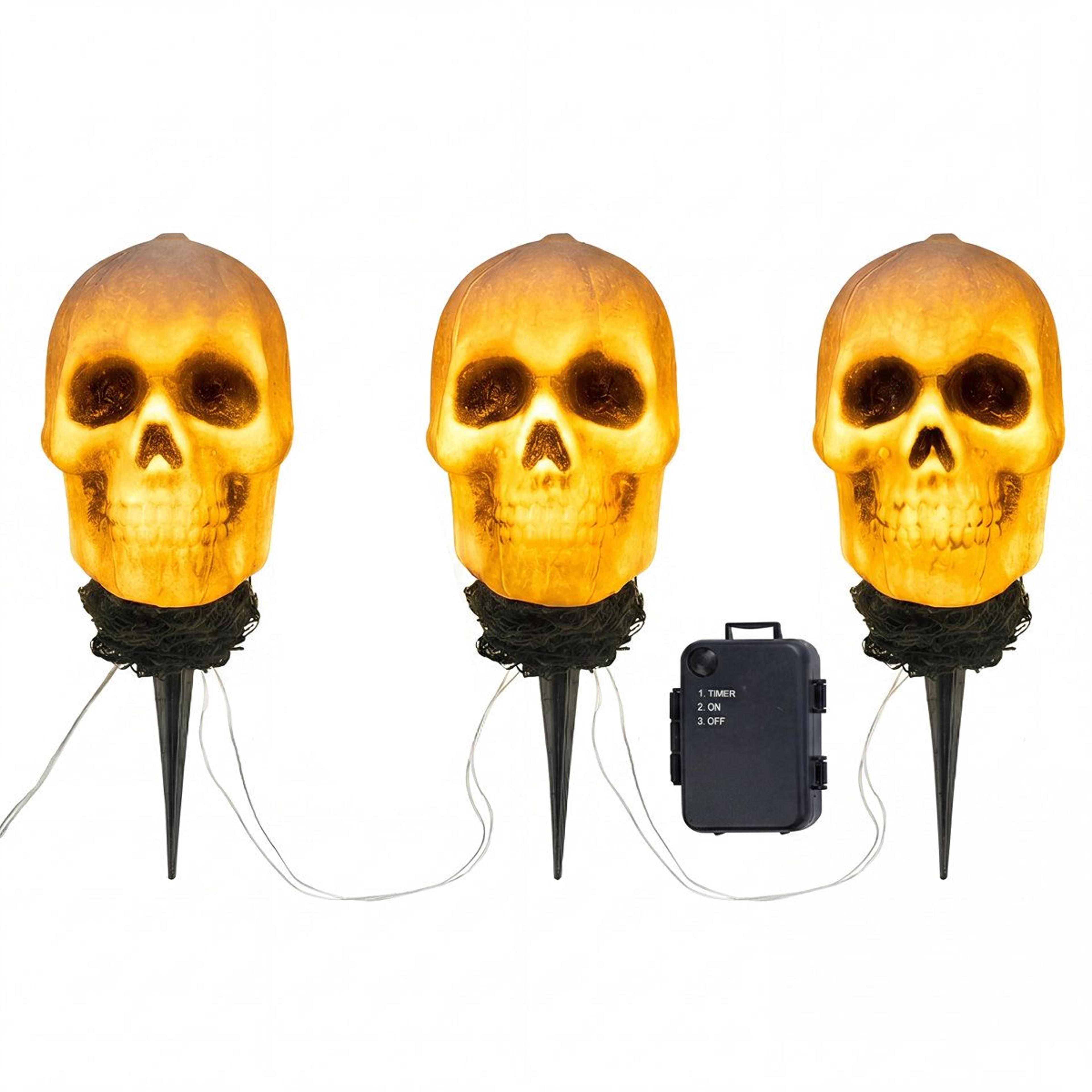 3 pcs light-up halloween skeleton skull stake lights outdoor yard decor