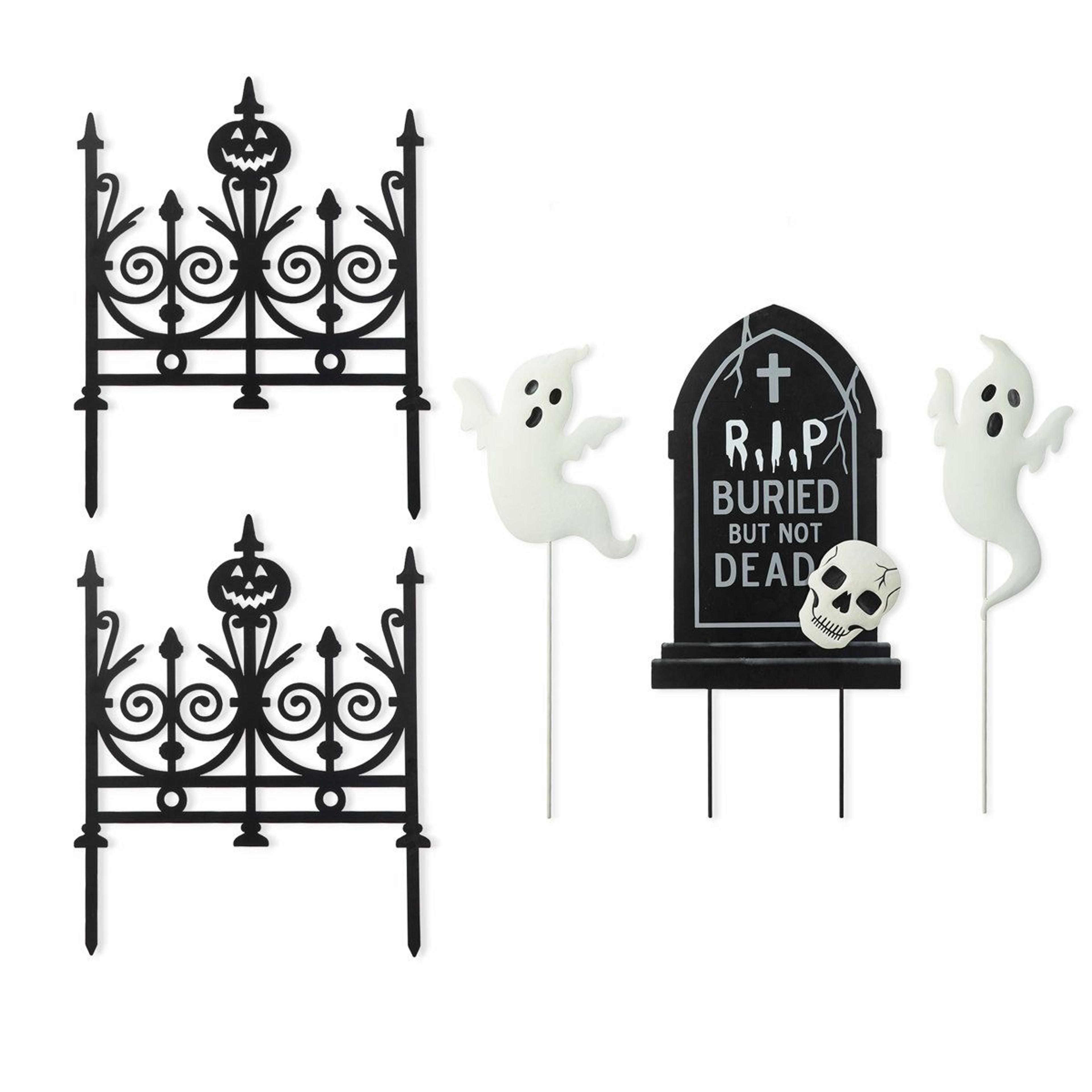 5 piece metal halloween graveyard stake set with tombstone fence ghost silhouettes