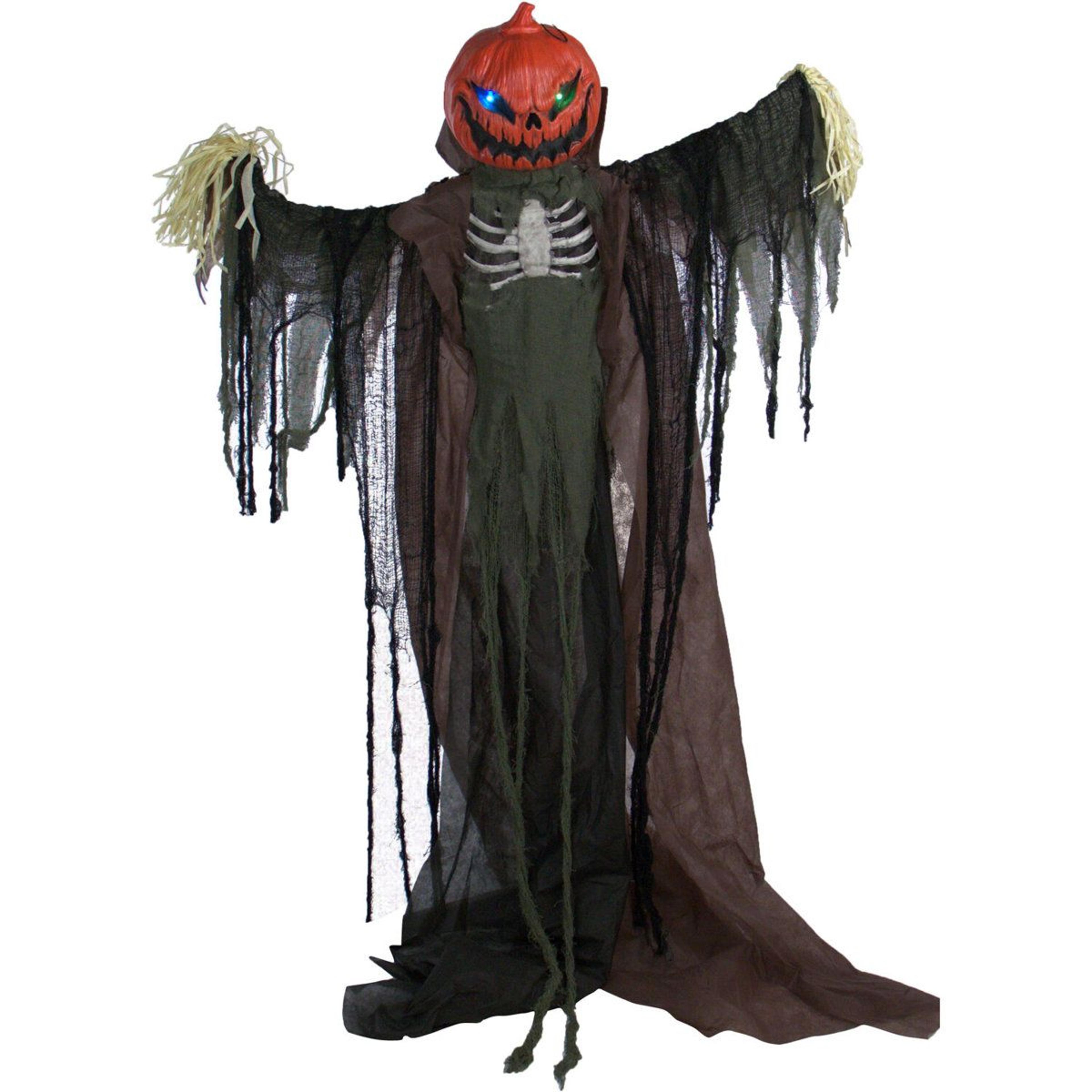 80 inch life size poseable pumpkin scarecrow halloween animatronic with touch activated lights and sound