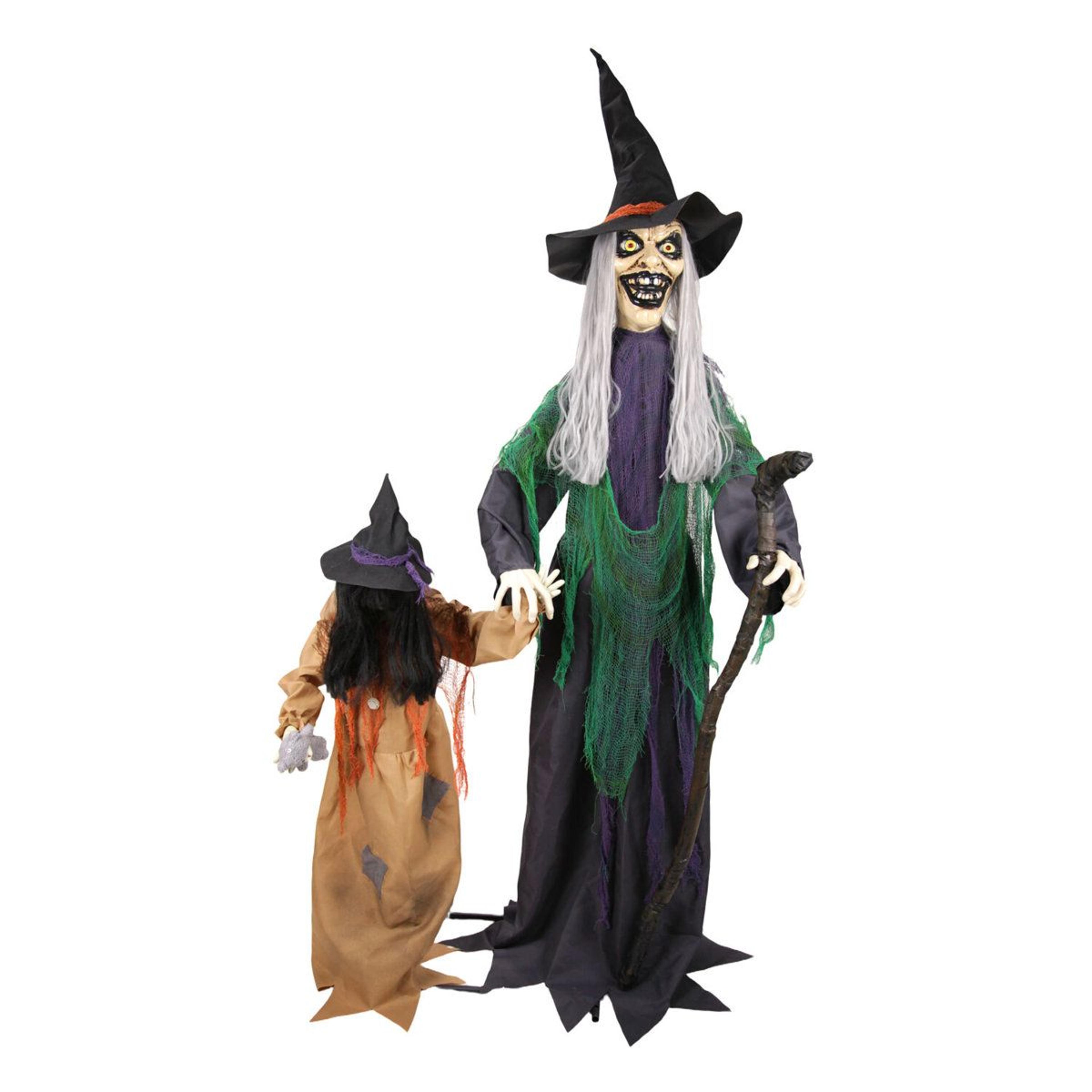 standing witch with creepy girl halloween animatronic with moving head and red led eyes