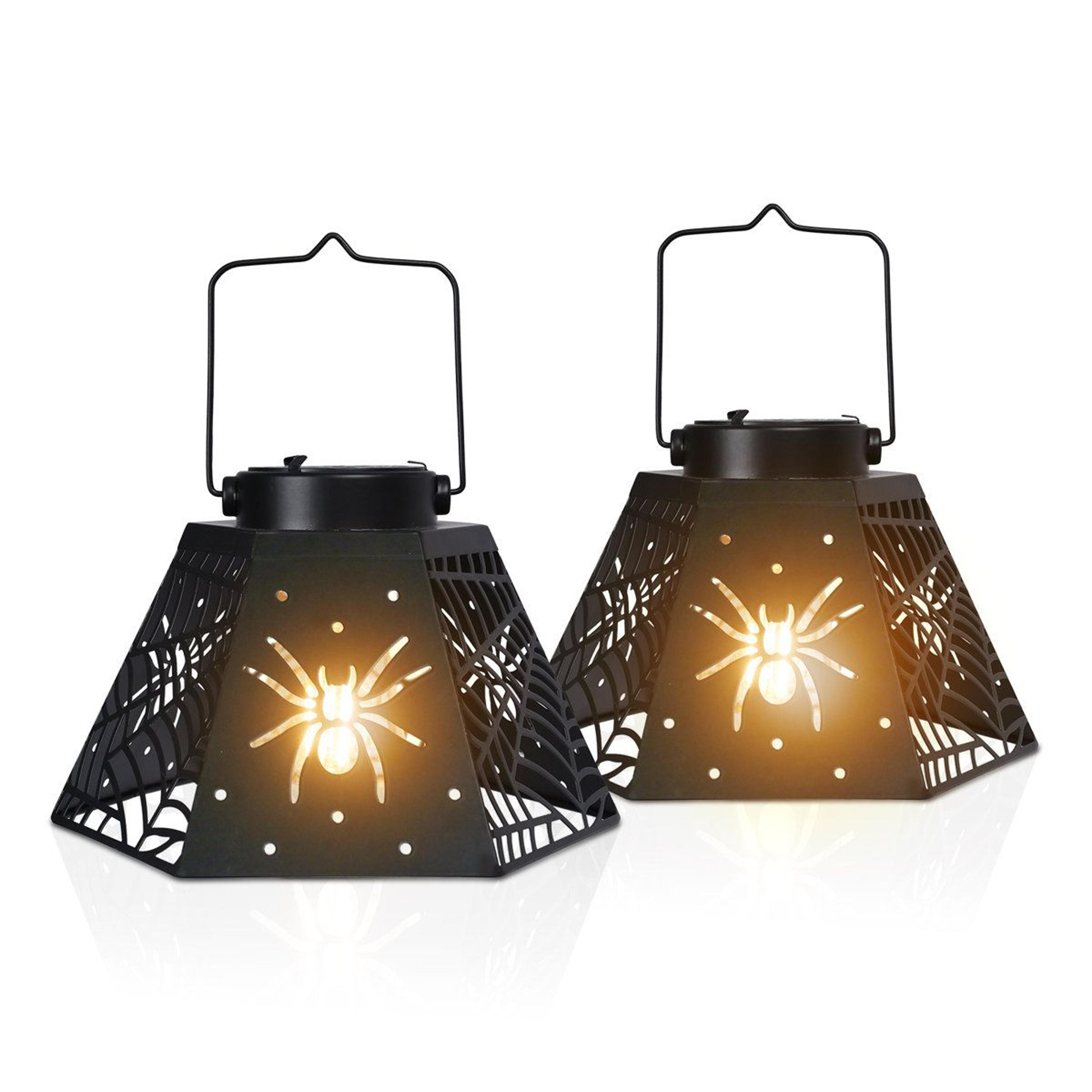 2 pack halloween spider web solar lanterns outdoor black metal hanging decor