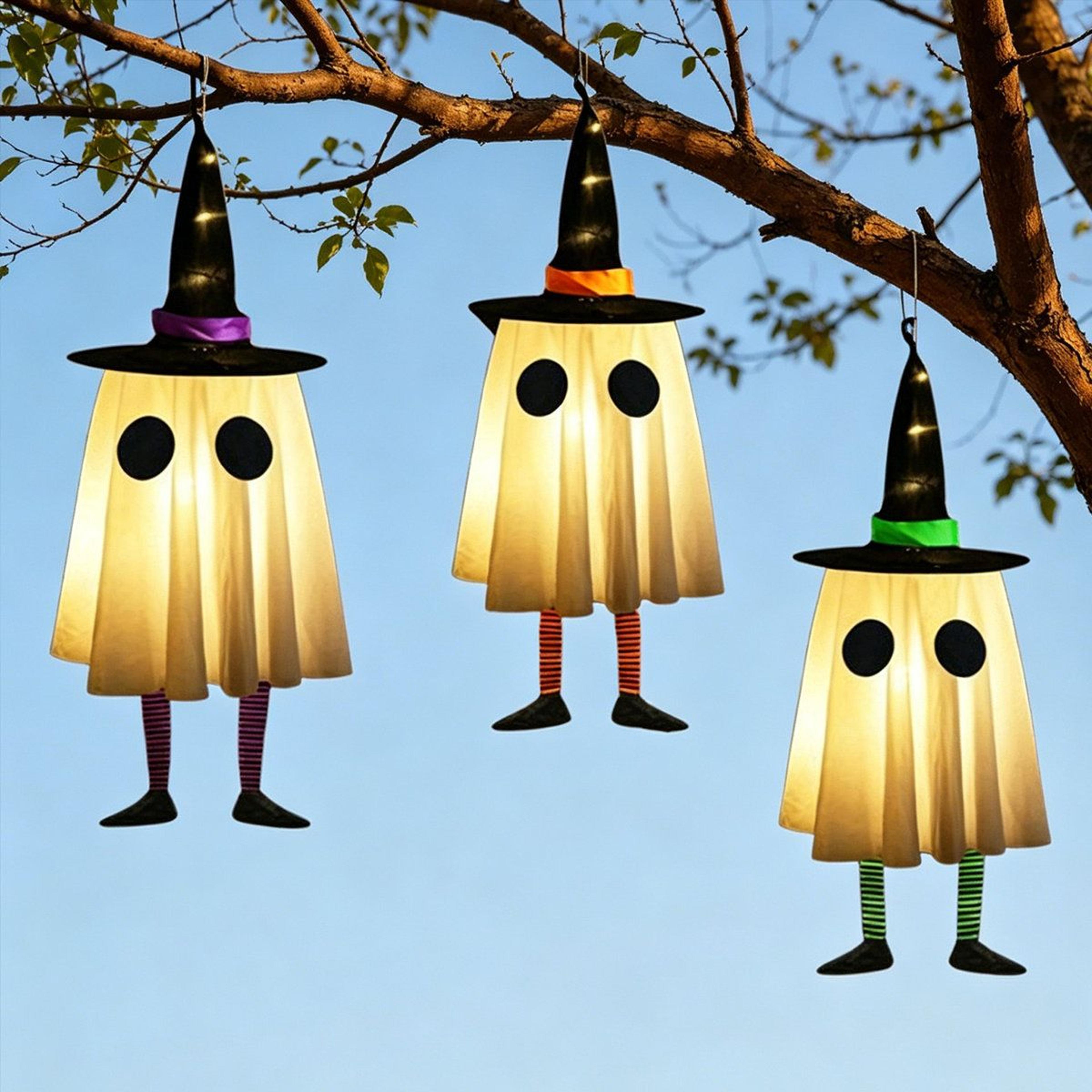 3 piece light up halloween hanging ghosts with witch hats outdoor battery operated decor