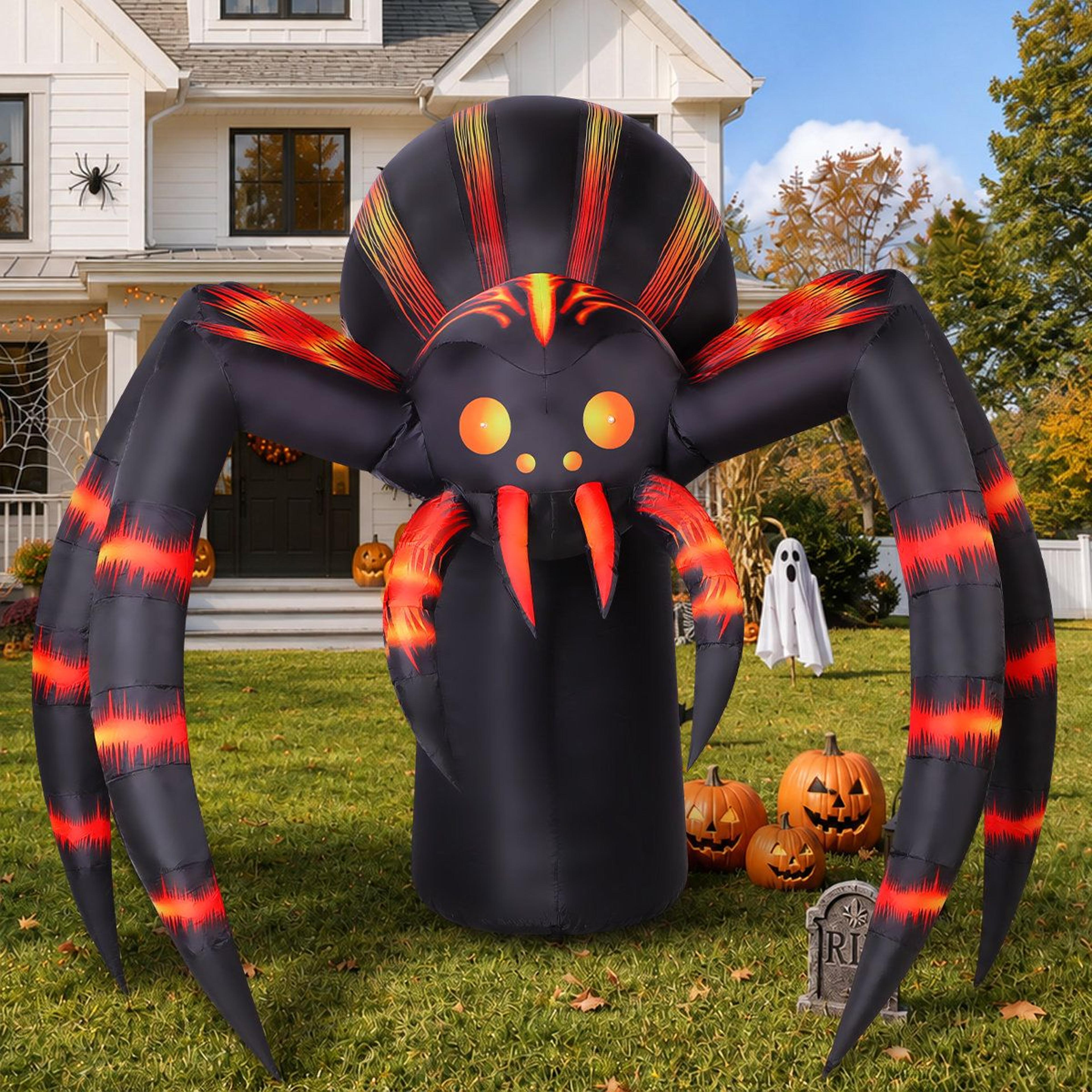 7 ft lighted halloween inflatable spider with orange striped legs outdoor lawn decor