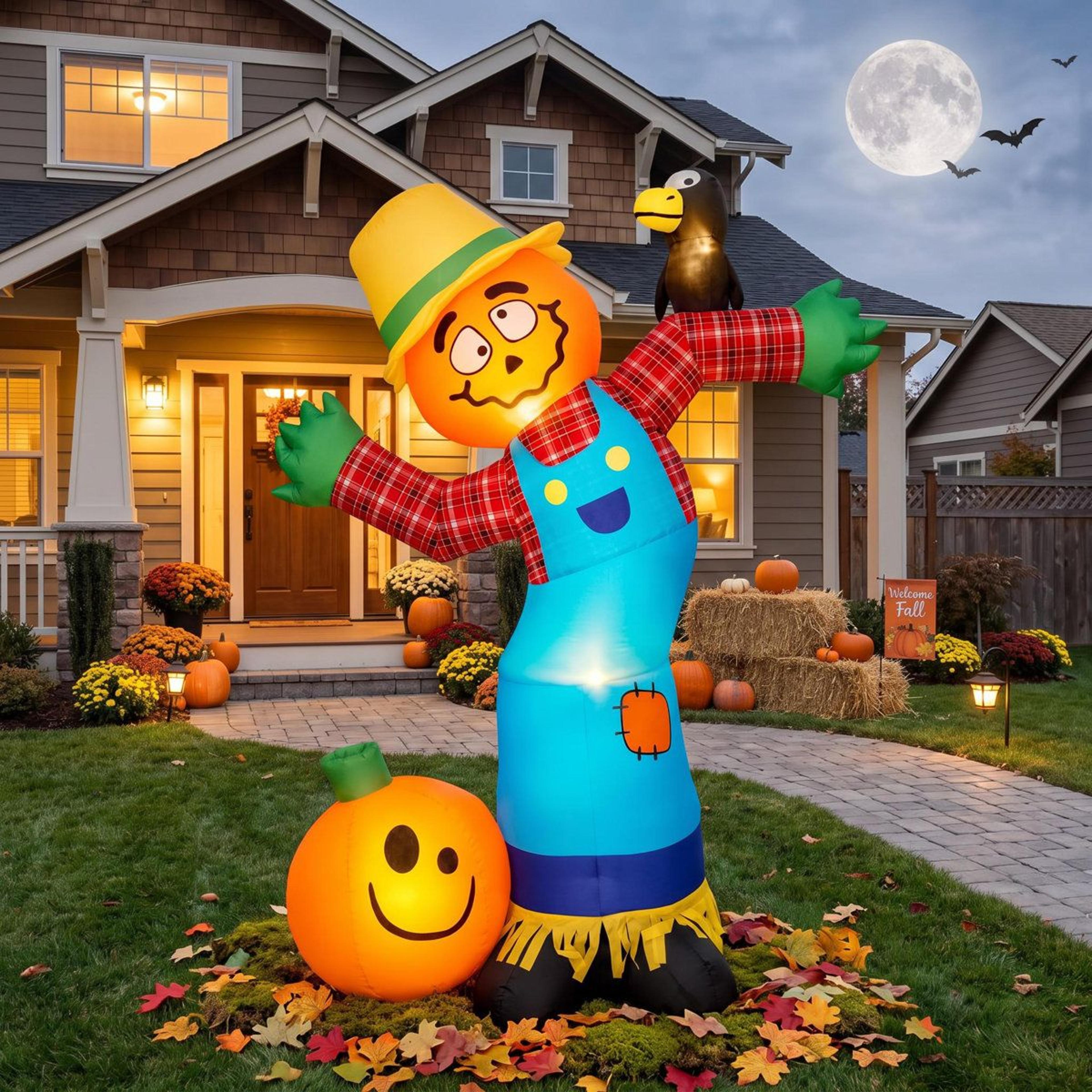 73 inch inflatable pumpkin scarecrow outdoor halloween decoration with 7 led lights