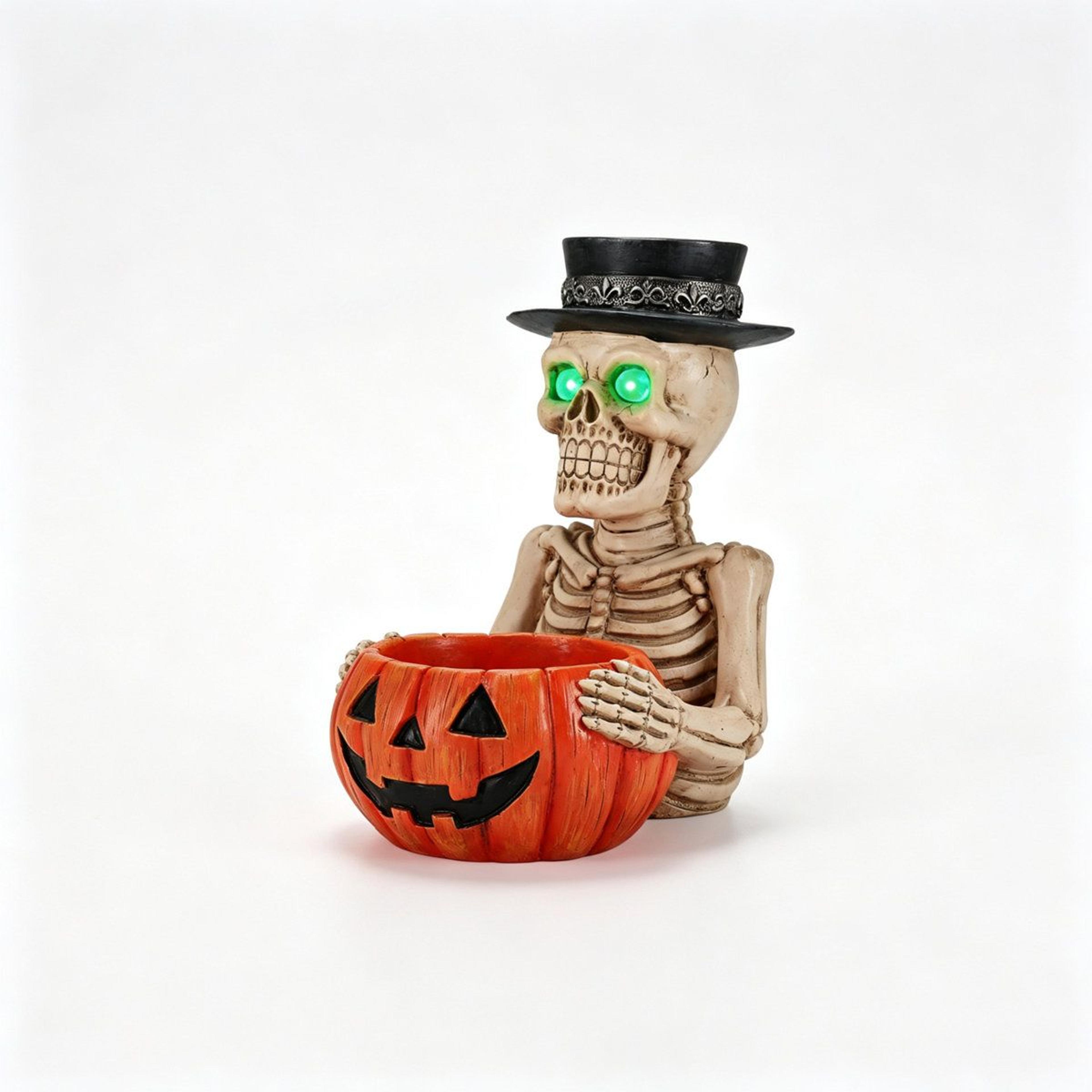 halloween skeleton figurine tabletop statue with pumpkin candy bowl and led eyes