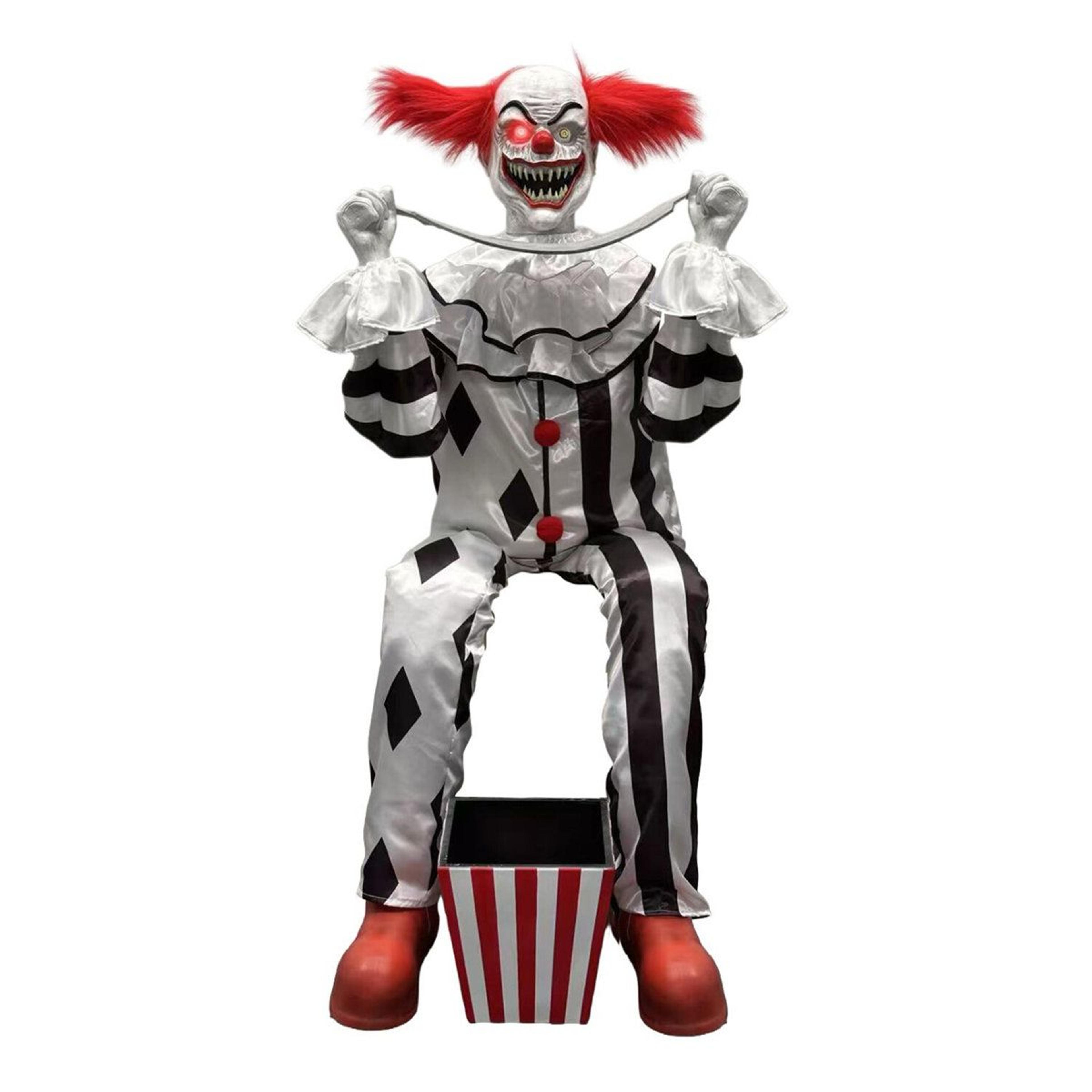 4 ft sitting scareclown with saw and candy halloween animatronic with motion and led lights
