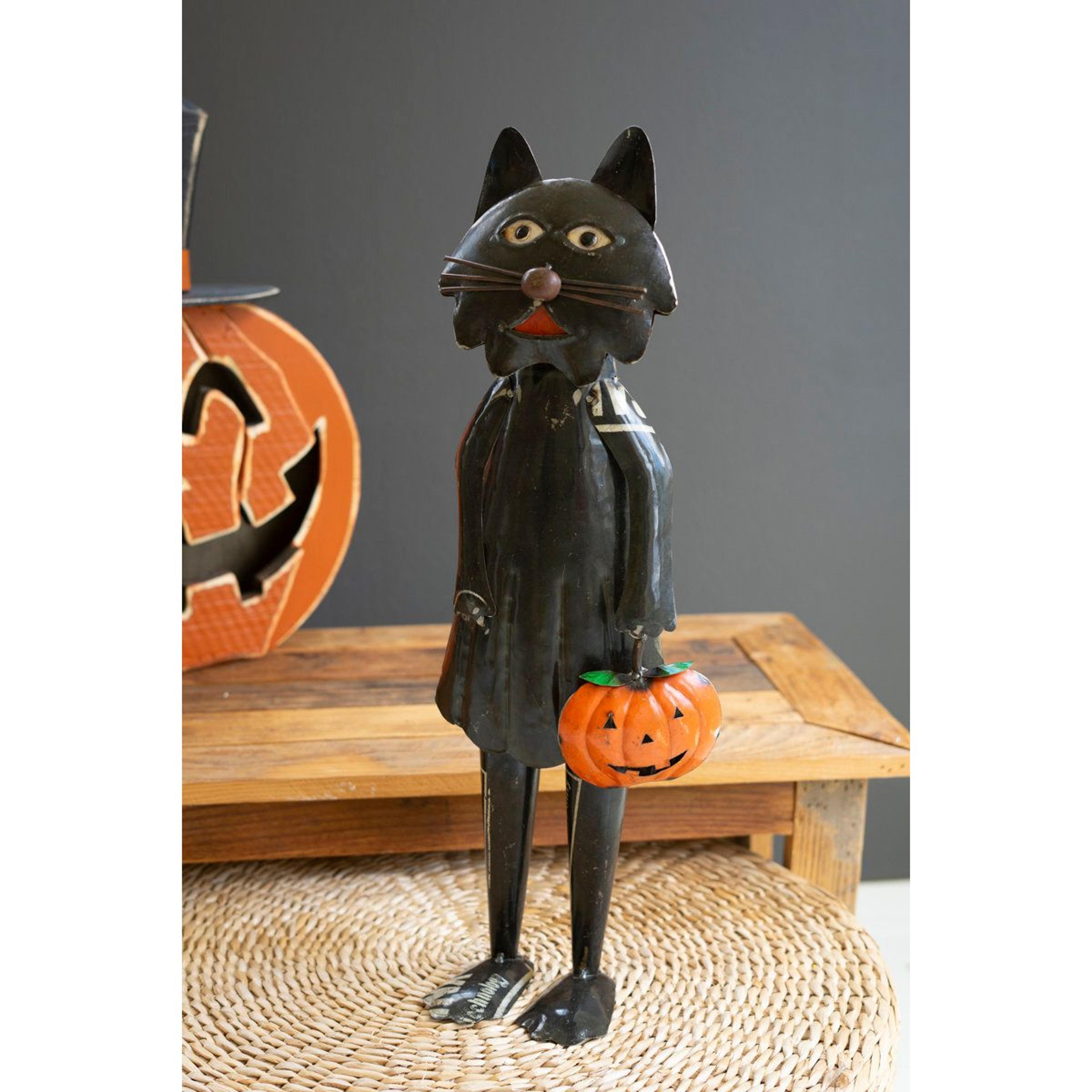 recycled metal standing black halloween cat decor holding pumpkin 23 inch