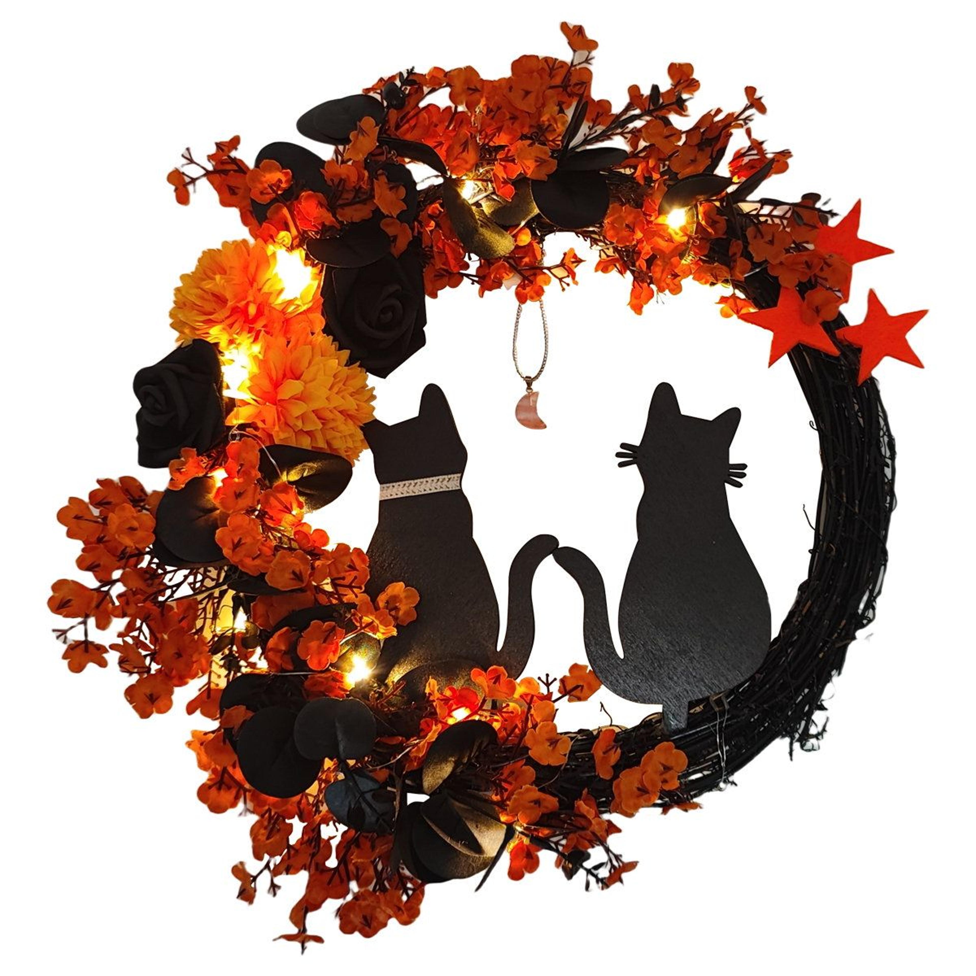 pre-lit halloween black cat wreath with orange lights 15.75 inch outdoor weather resistant door wreath