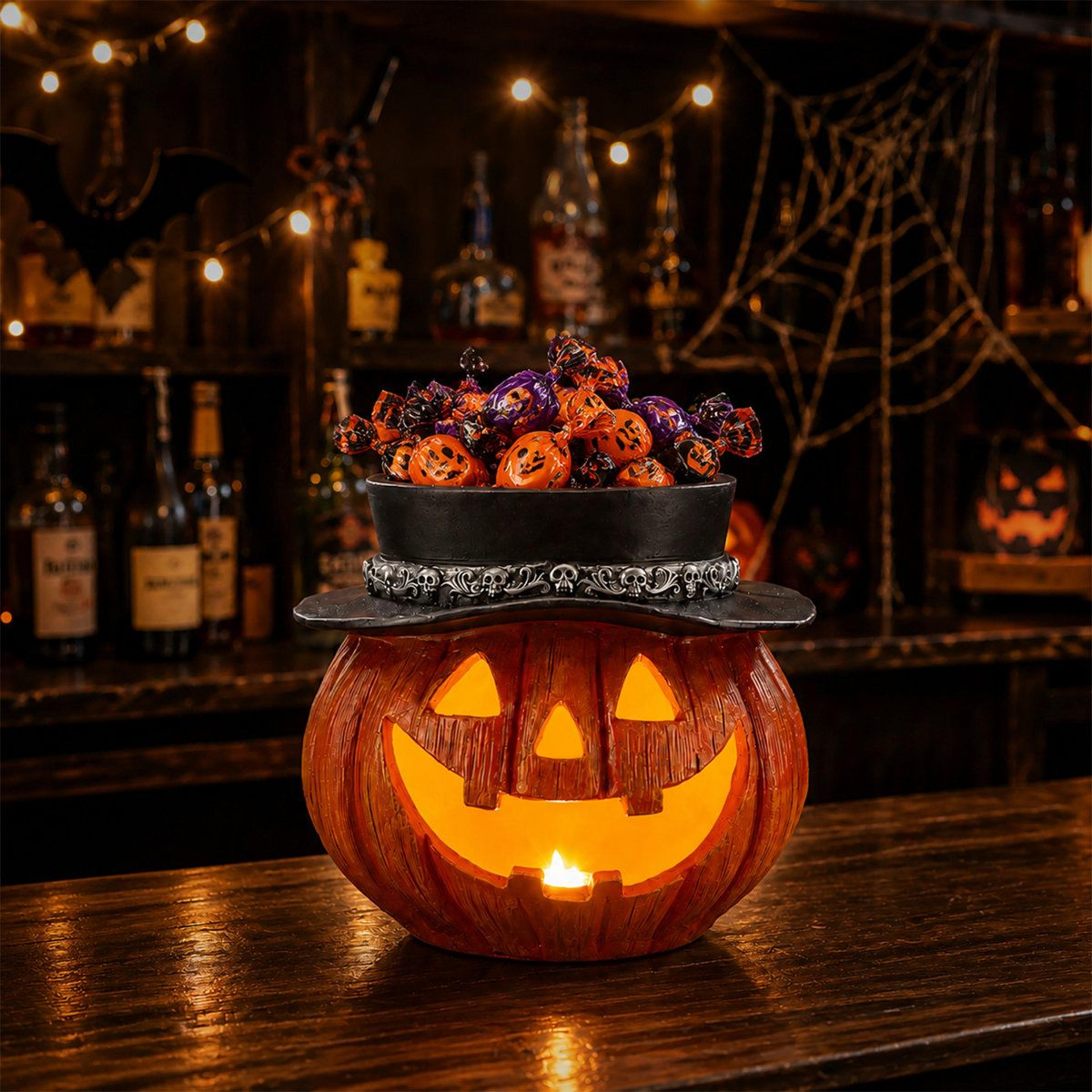 lighted resin jack-o'-lantern decorative accent with top hat candy holder