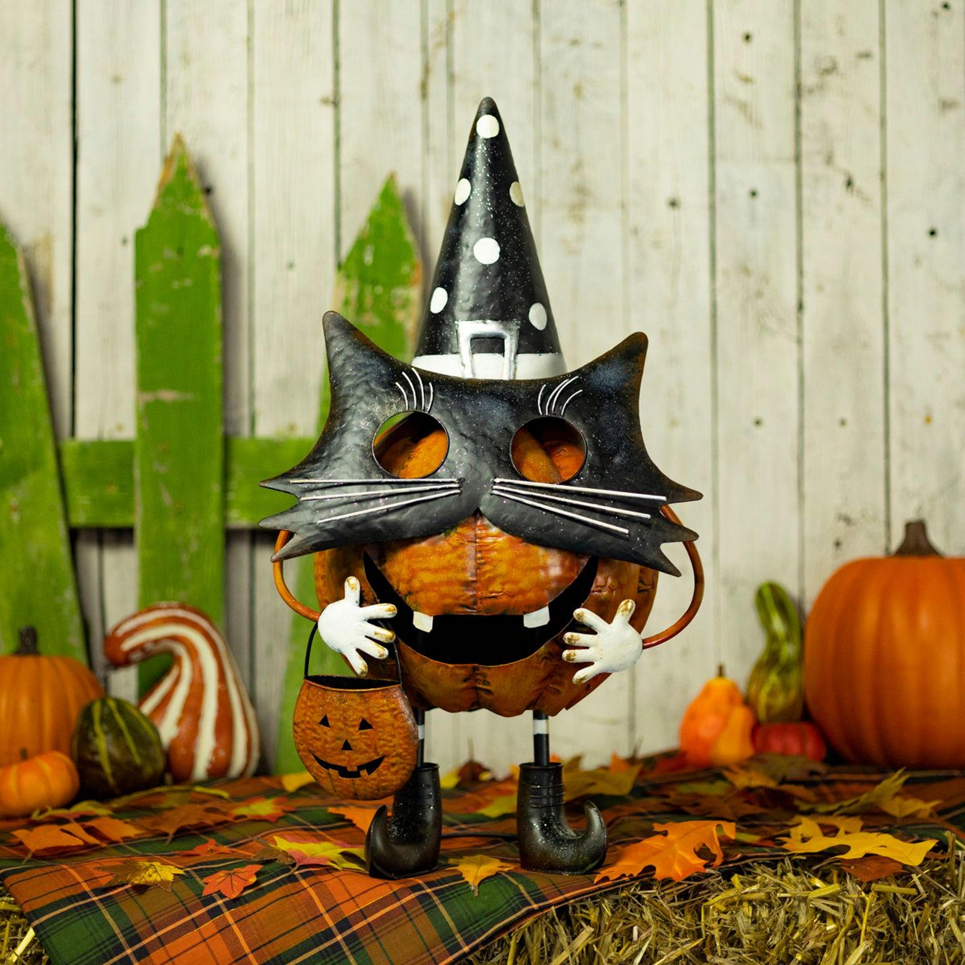 tall iron pumpkin cat halloween figurine indoor outdoor tabletop decor 26 inch