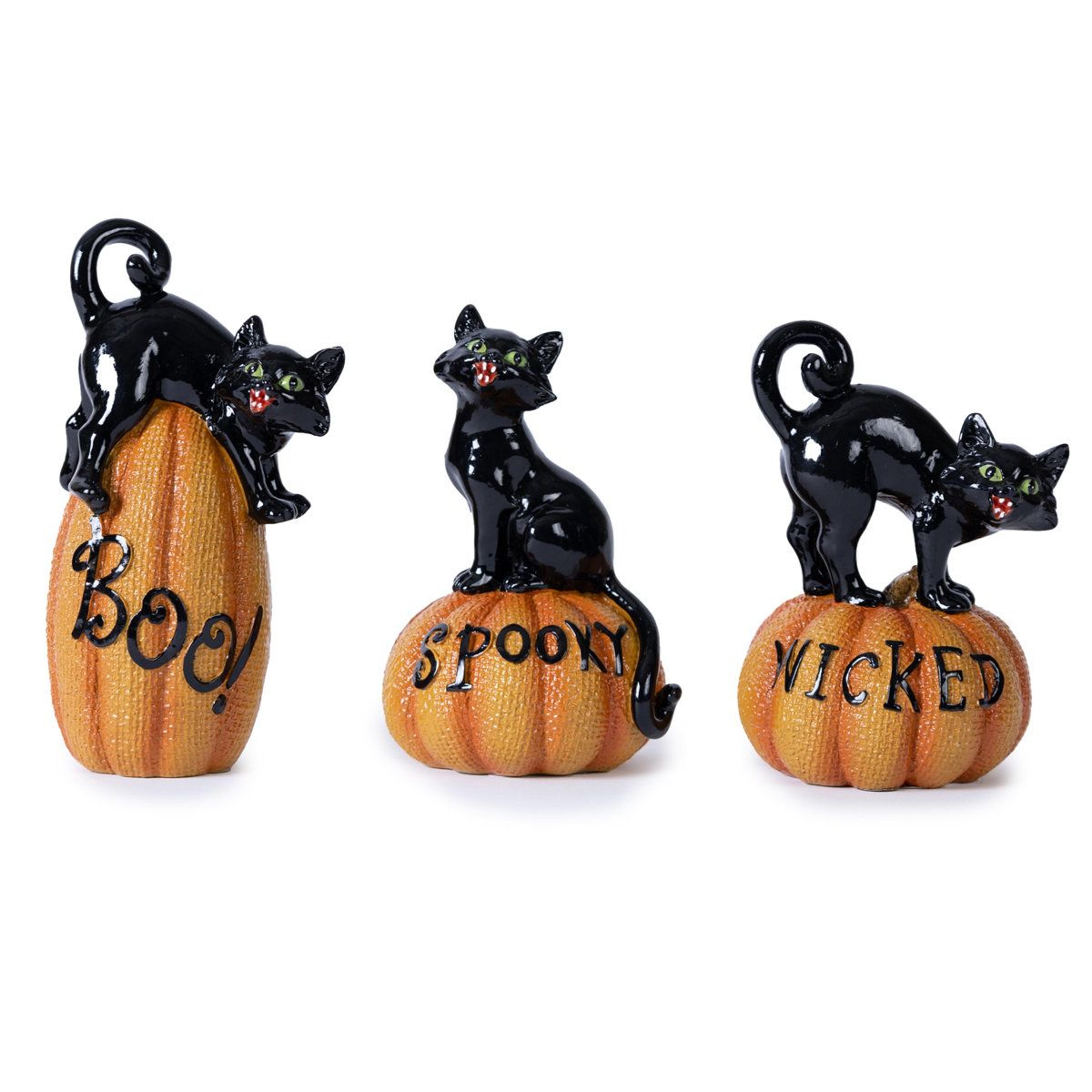 set of 3 black cat on pumpkin figurines indoor polyresin tabletop halloween decor