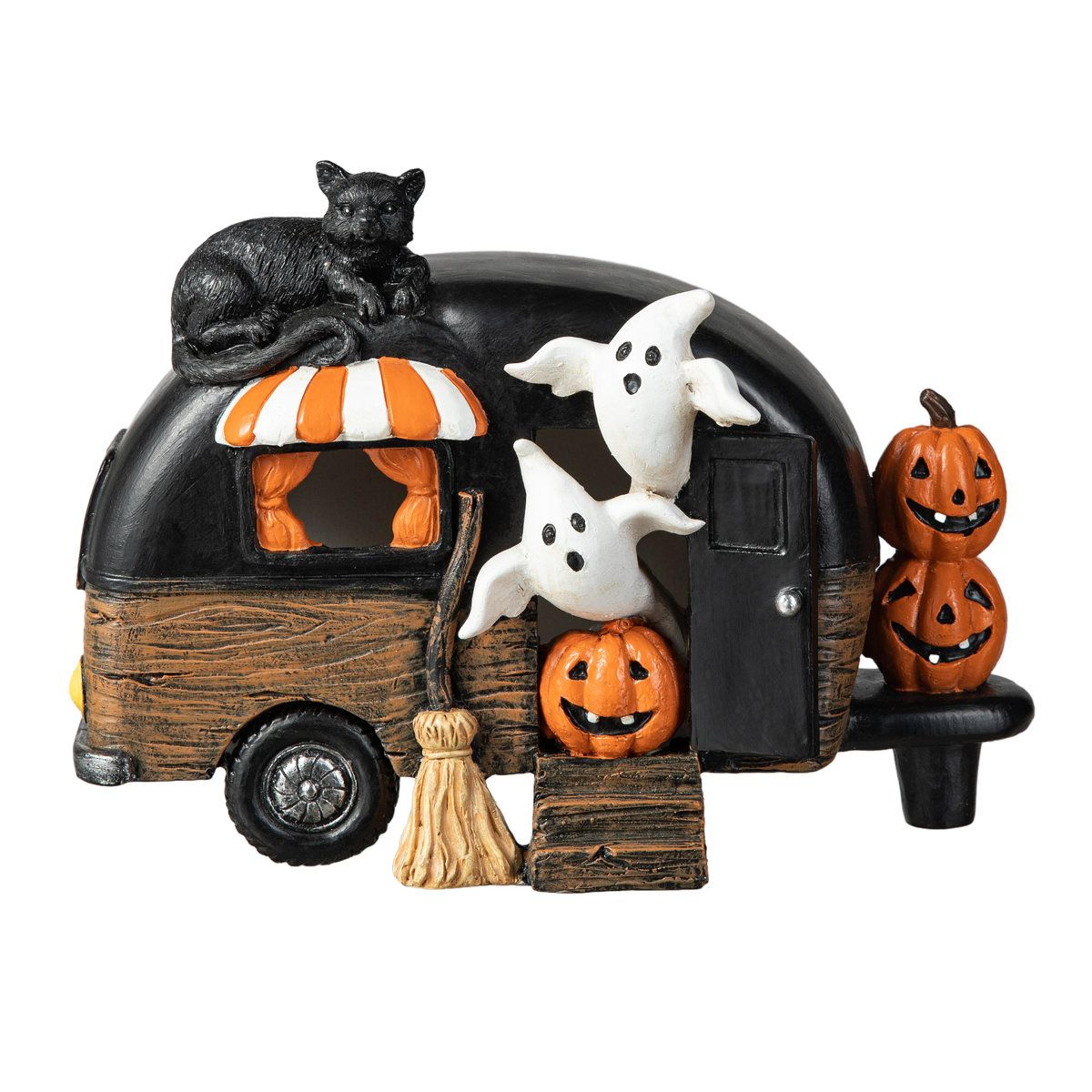 lighted halloween camper table decor with ghosts and pumpkin resin tabletop figure 9.25 inch