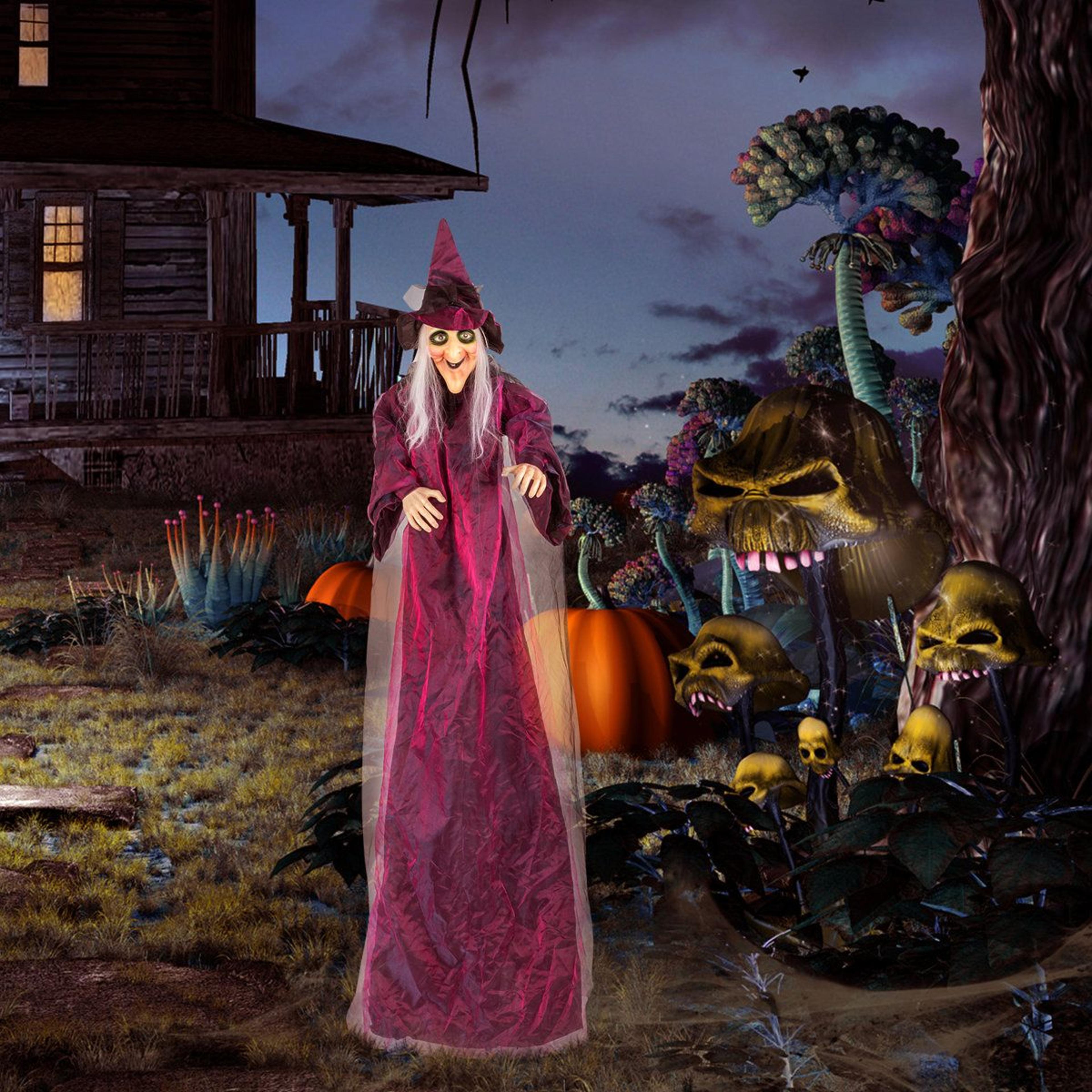 life size witch halloween decoration with sound light effects and hanging loop 71 inch