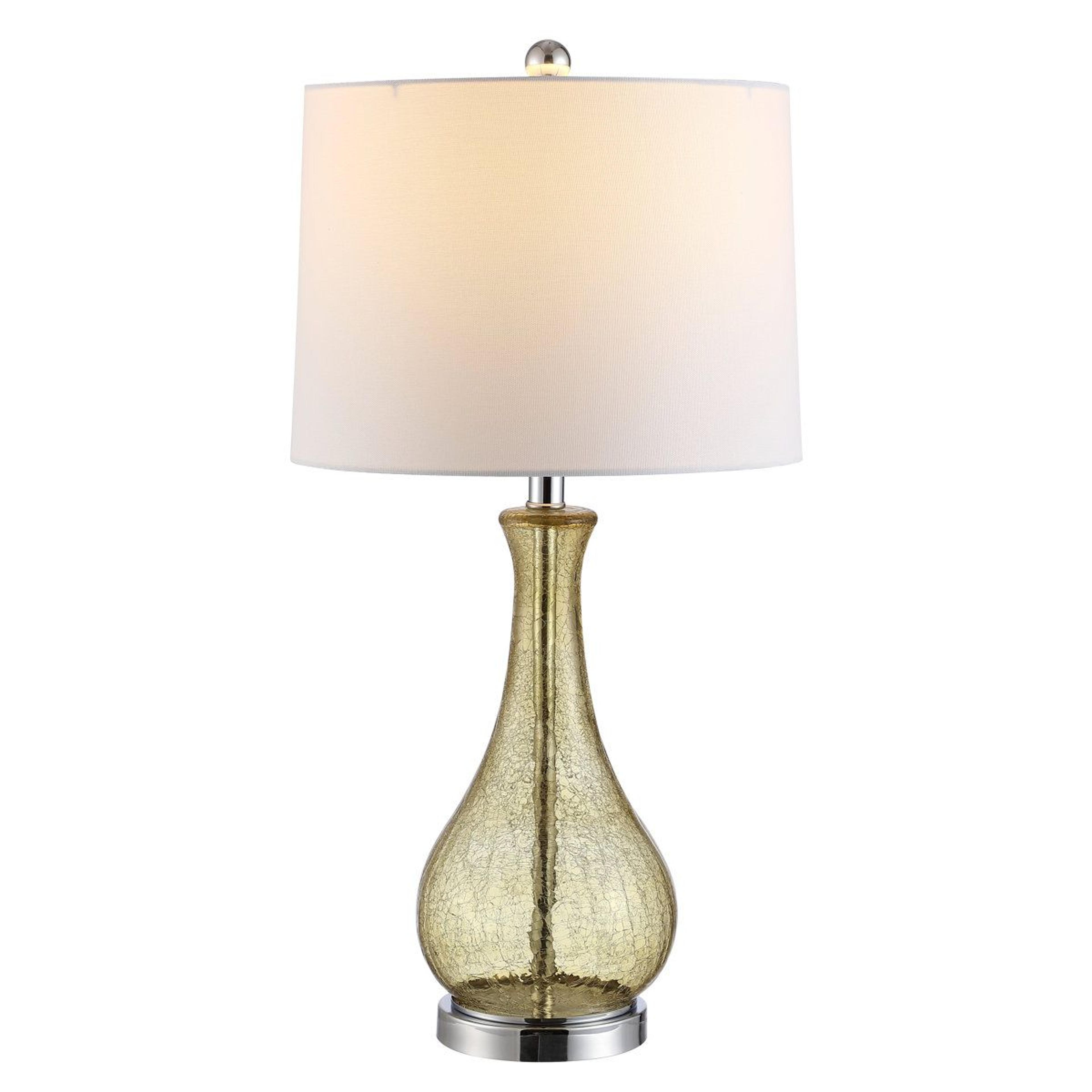 amber crackle glass table lamp with white drum shade and included led bulb 27.5 inch