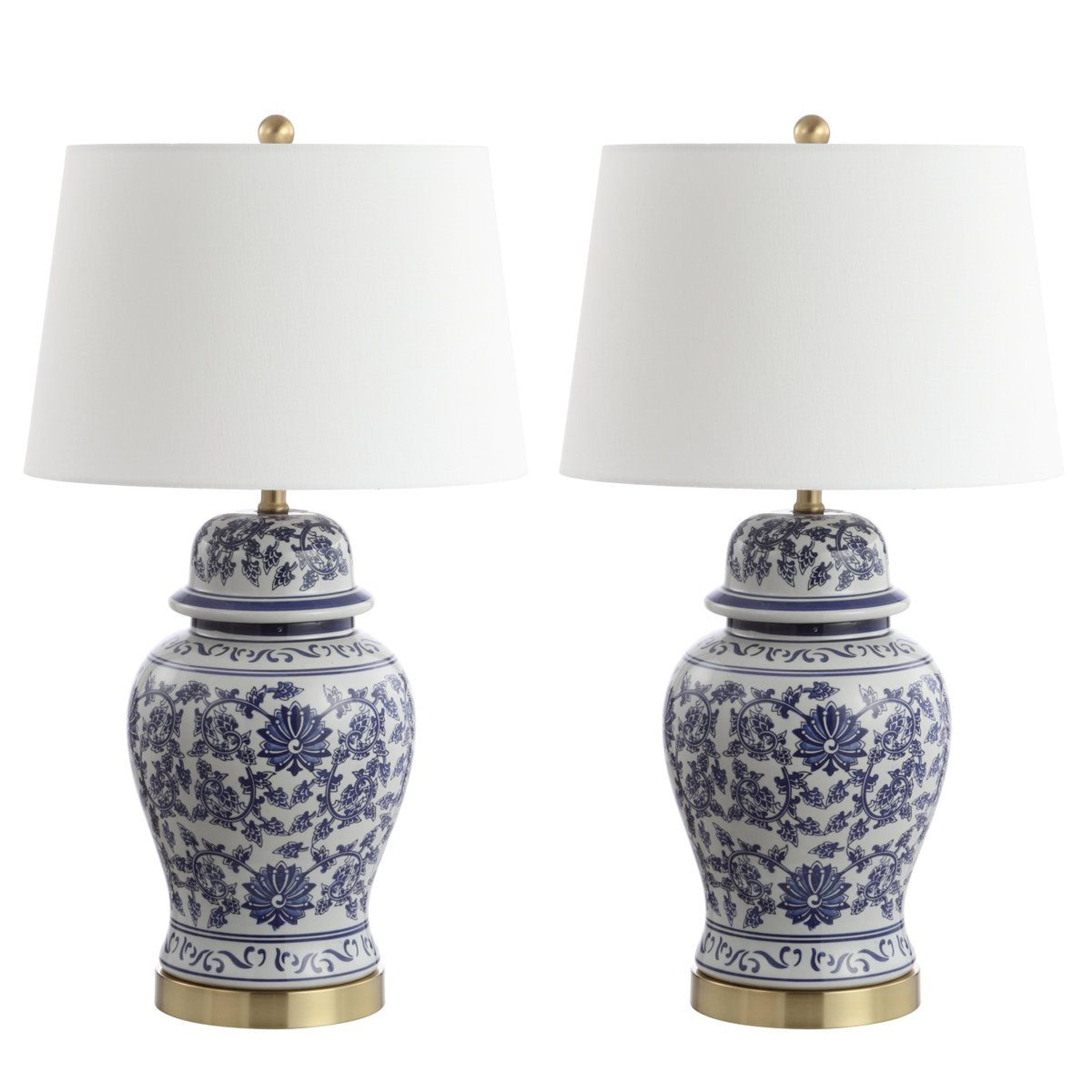 blue and white ceramic table lamp set of 2 with off white drum shade and led bulbs