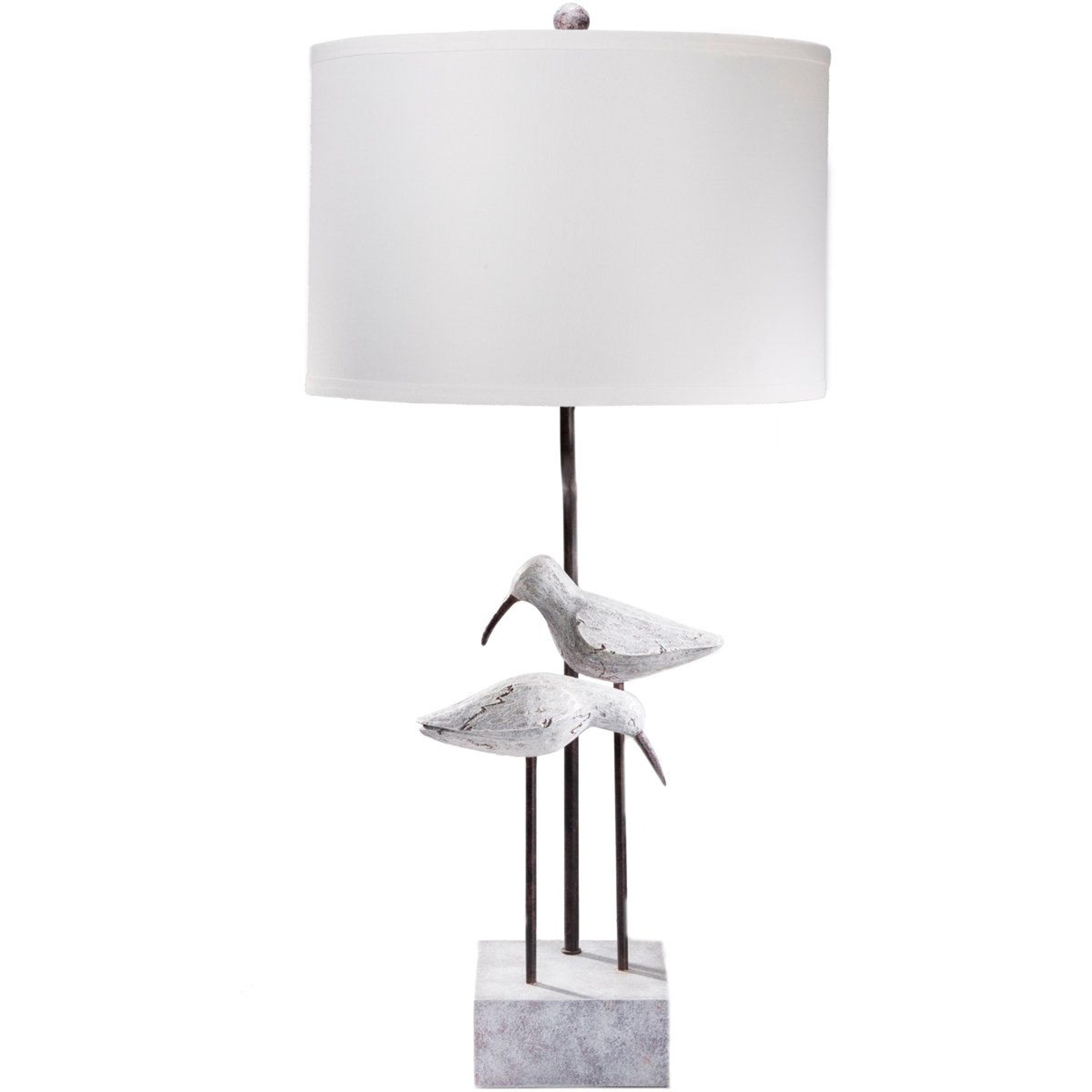 resin sculpted bird table lamp with white linen drum shade and 3-way switch
