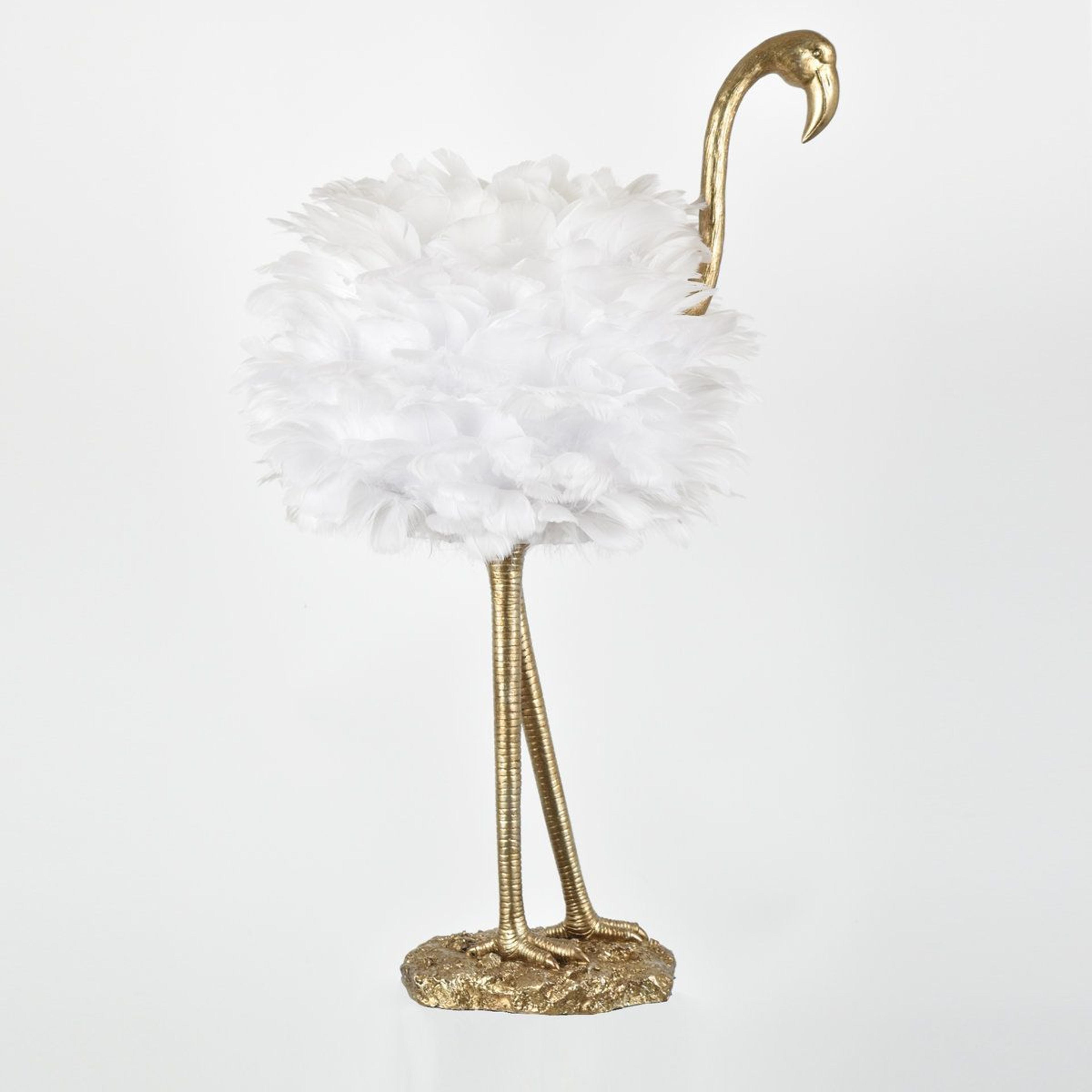 gold flamingo table lamp with white faux feather shade 29.5 inch