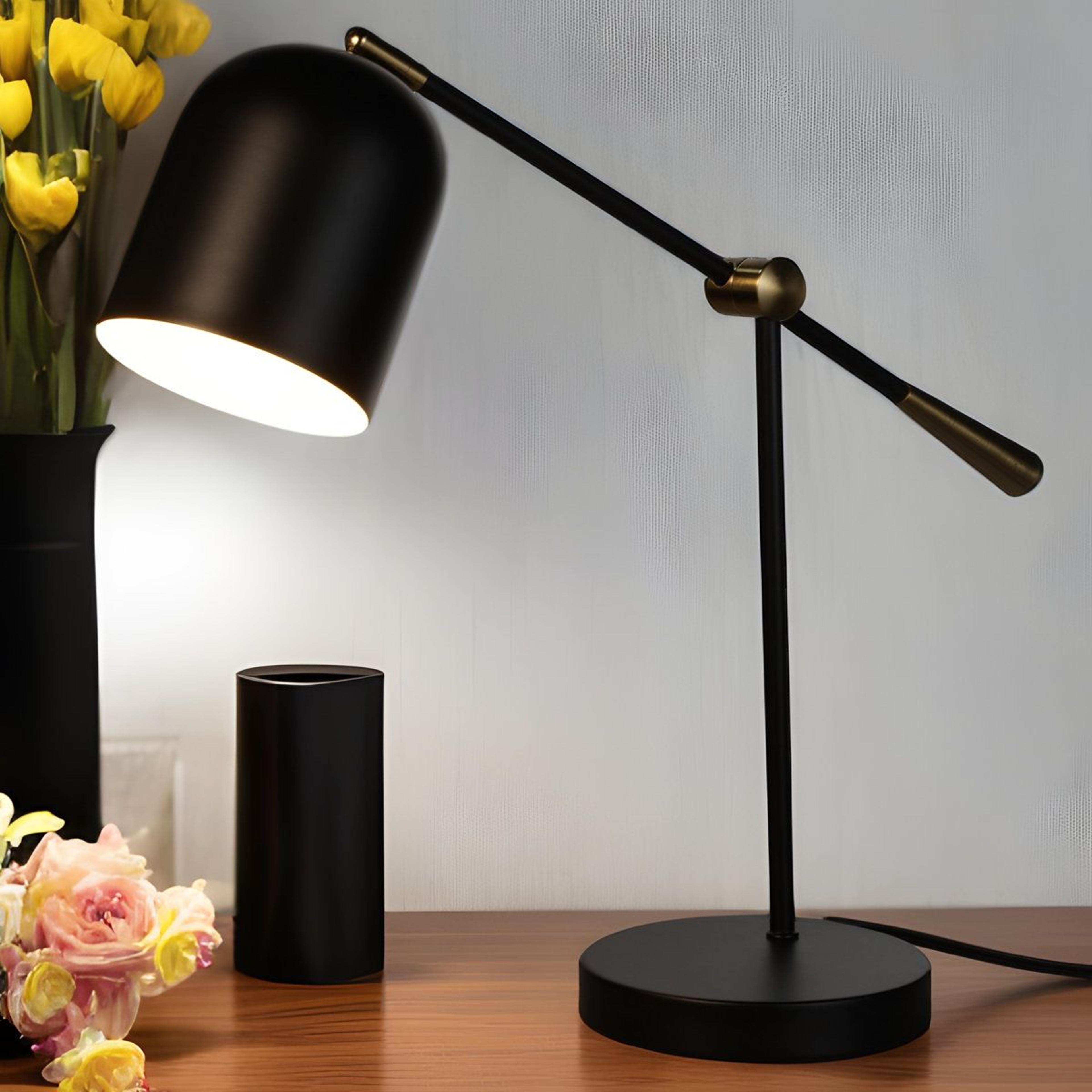 adjustable swing arm metal desk lamp with e26 base black and gold finish on off switch