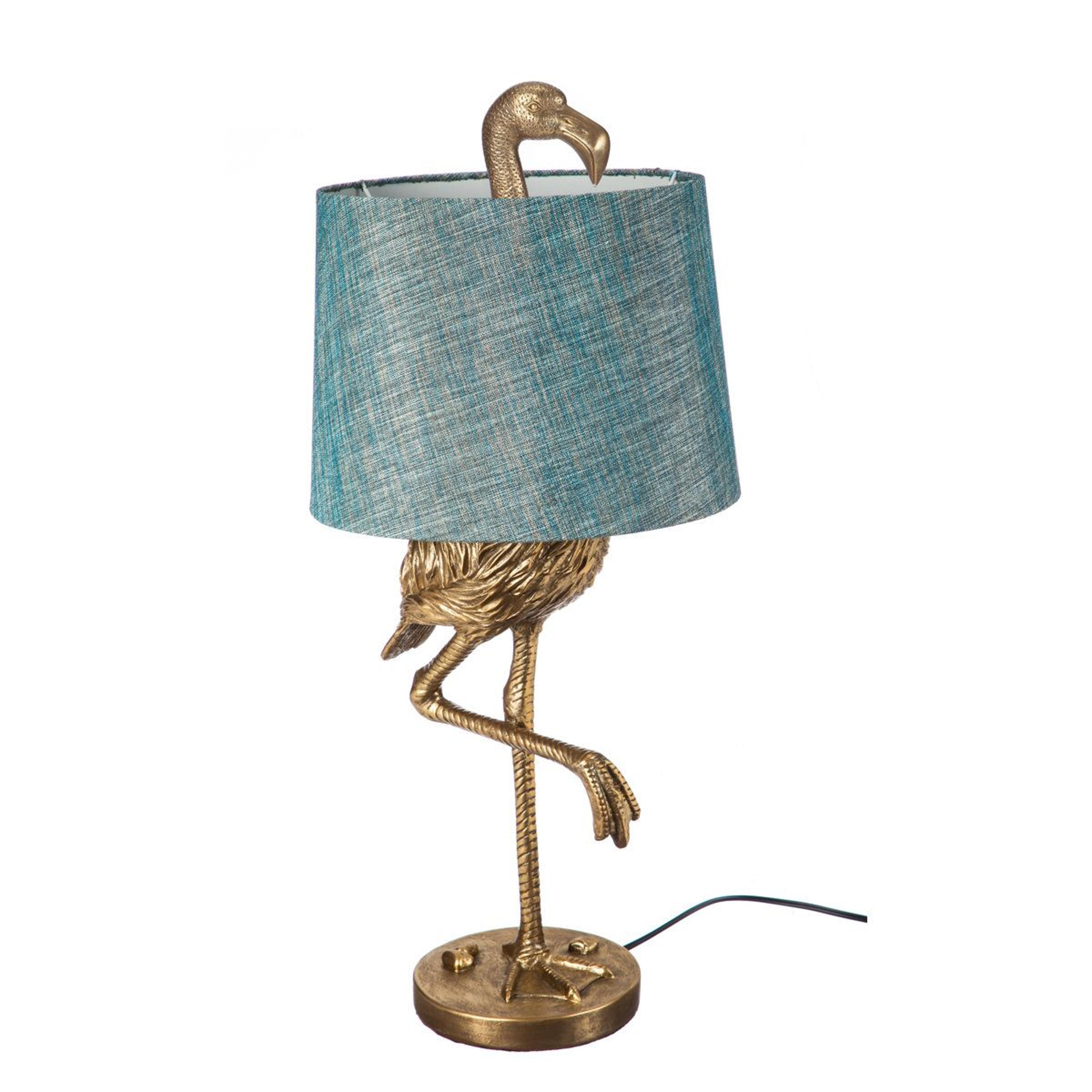 flamingo resin table lamp with blue drum shade gold base 32 inch accent lighting