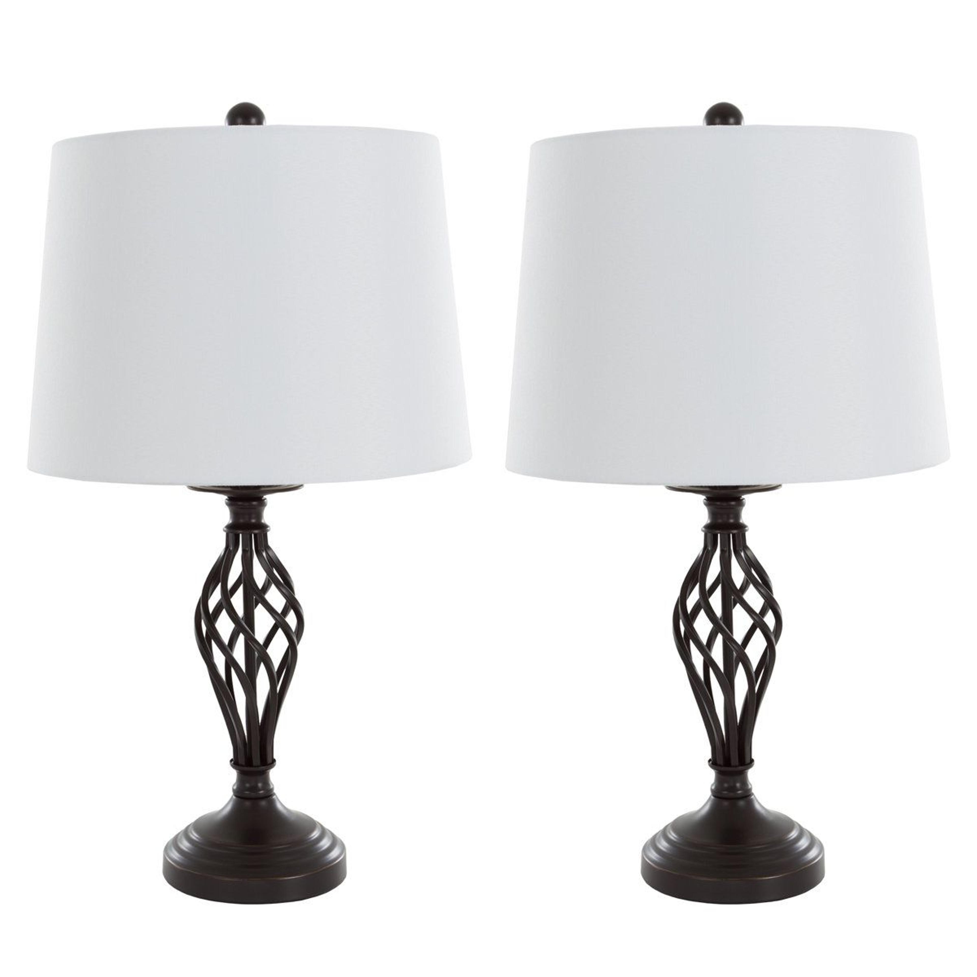 spiral cage table lamps set of 2 oil rubbed bronze bedside and living room lights with white drum shades