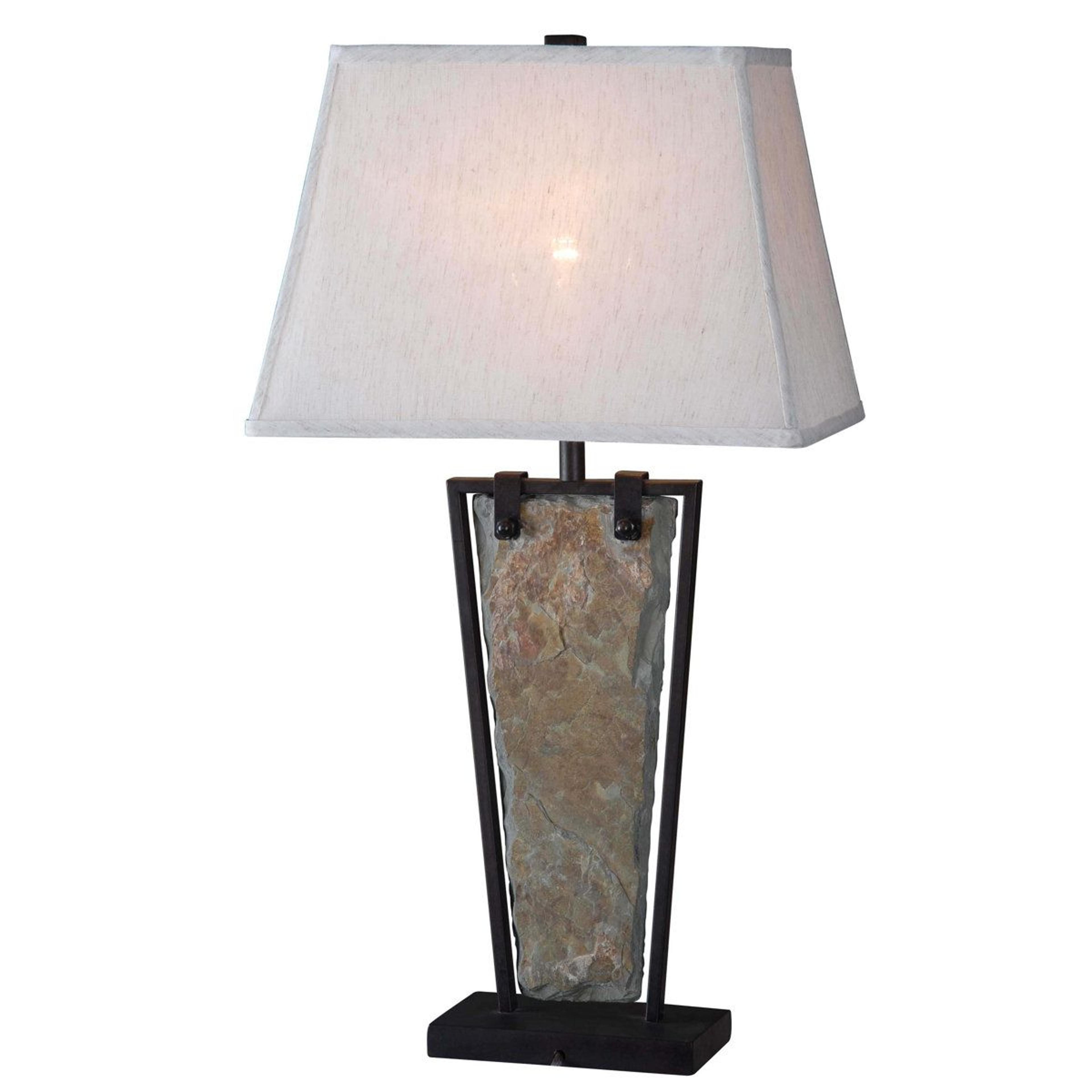 rustic slate and metal downlight geometric table lamp with beige oatmeal shade