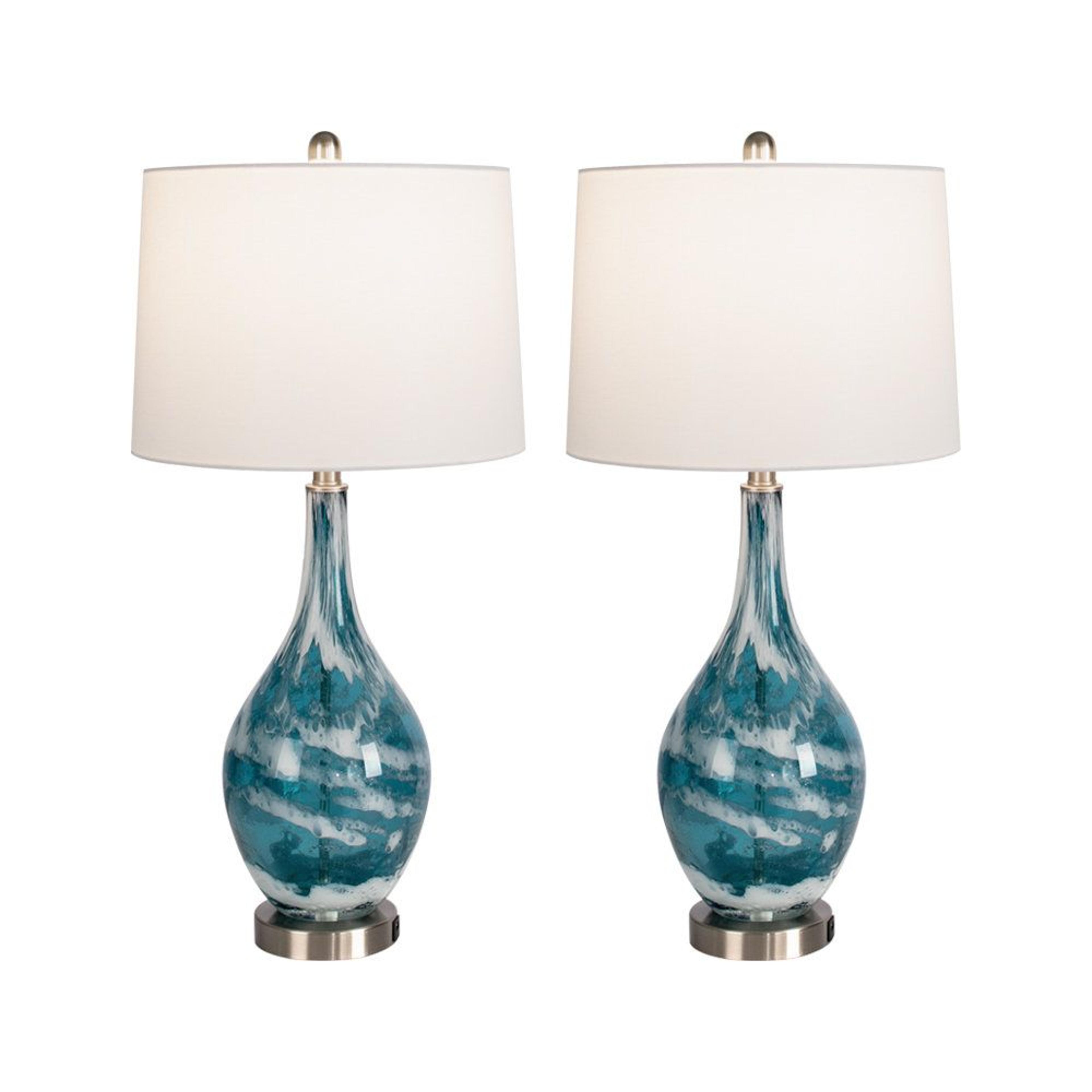 28 inch blue glass table lamp set with 3 way dimmable switch and usb port