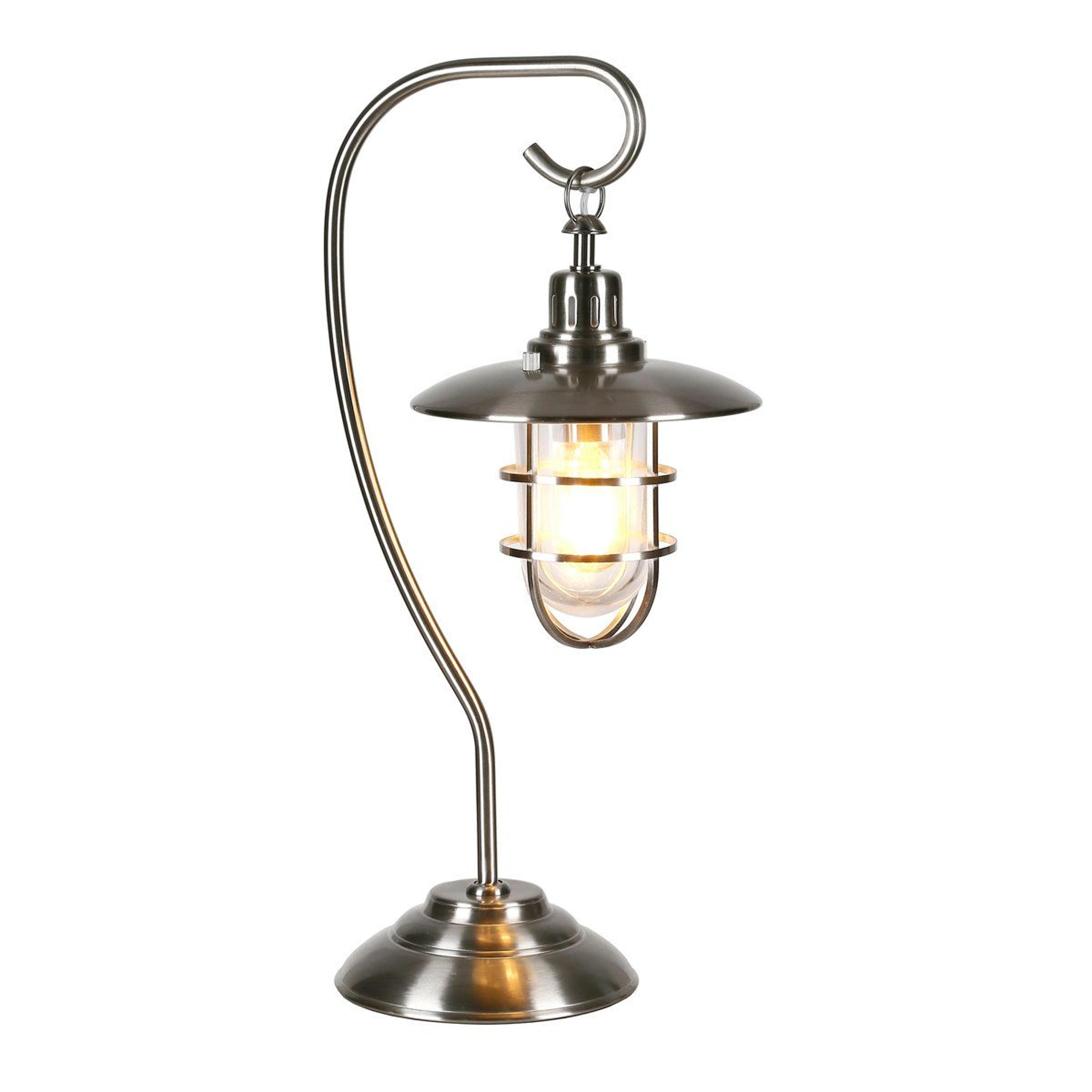 metal arched table lamp with lantern shade and cage detail