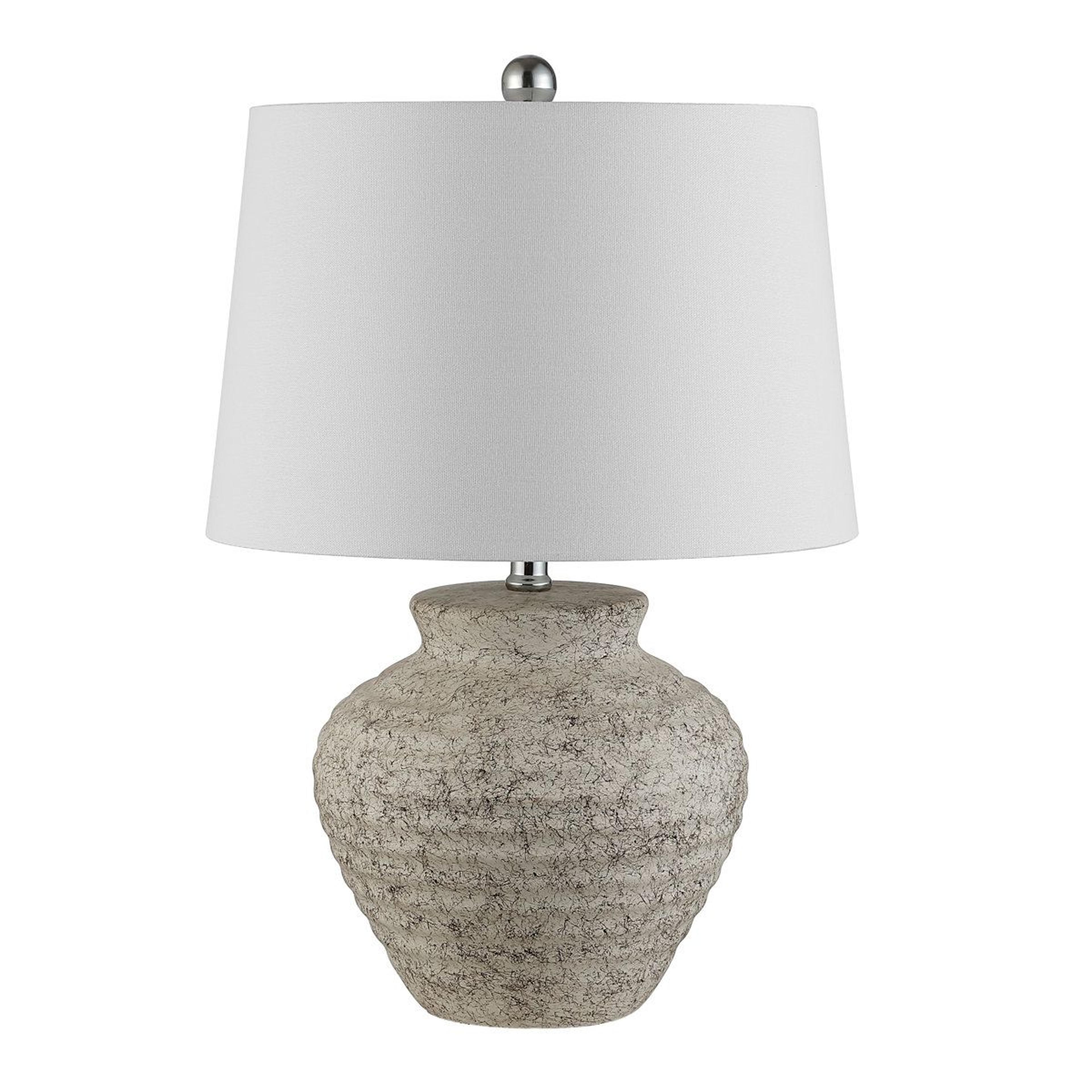 distressed light gray ceramic table lamp with white cotton tapered drum shade