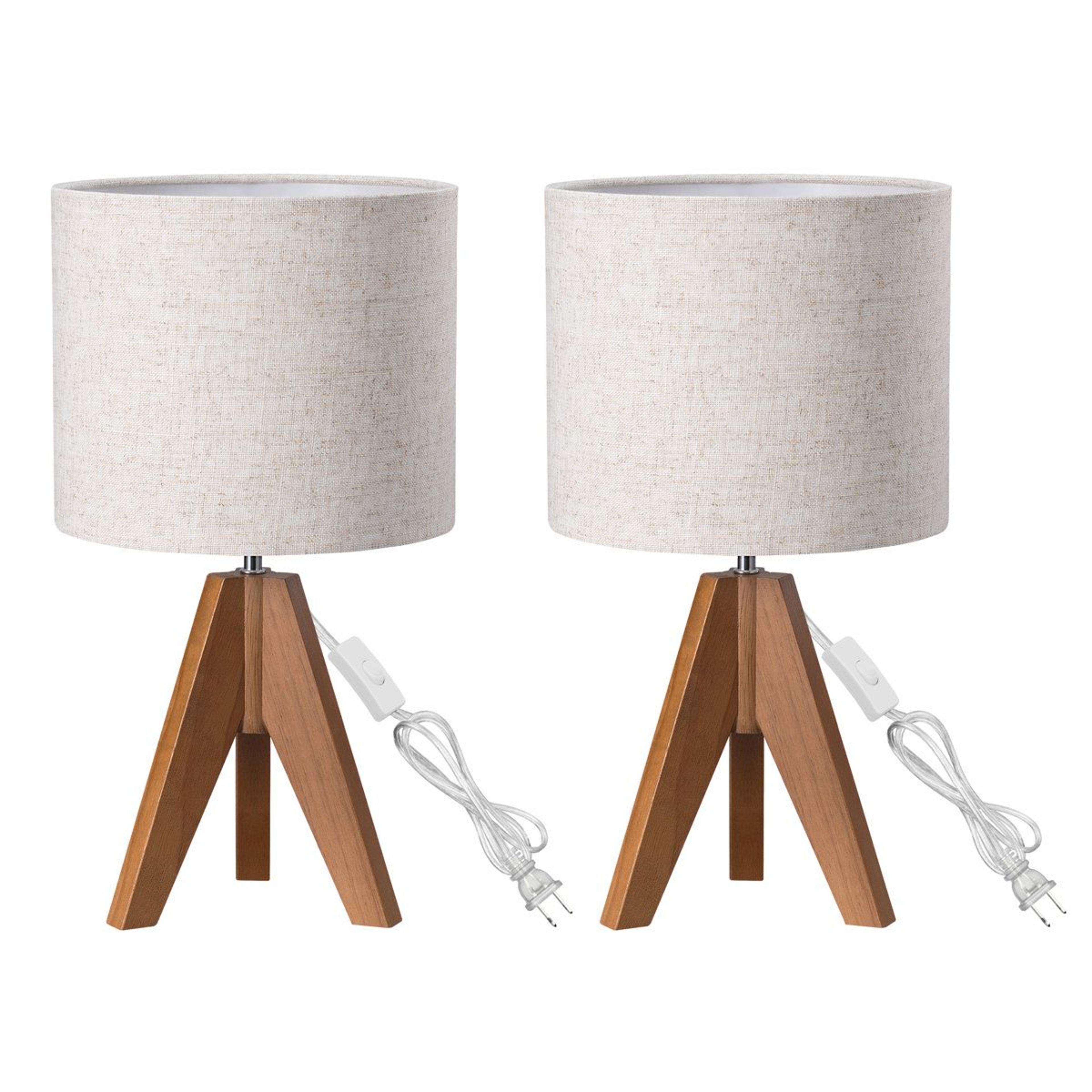 solid wood tripod table lamp set with linen drum shade