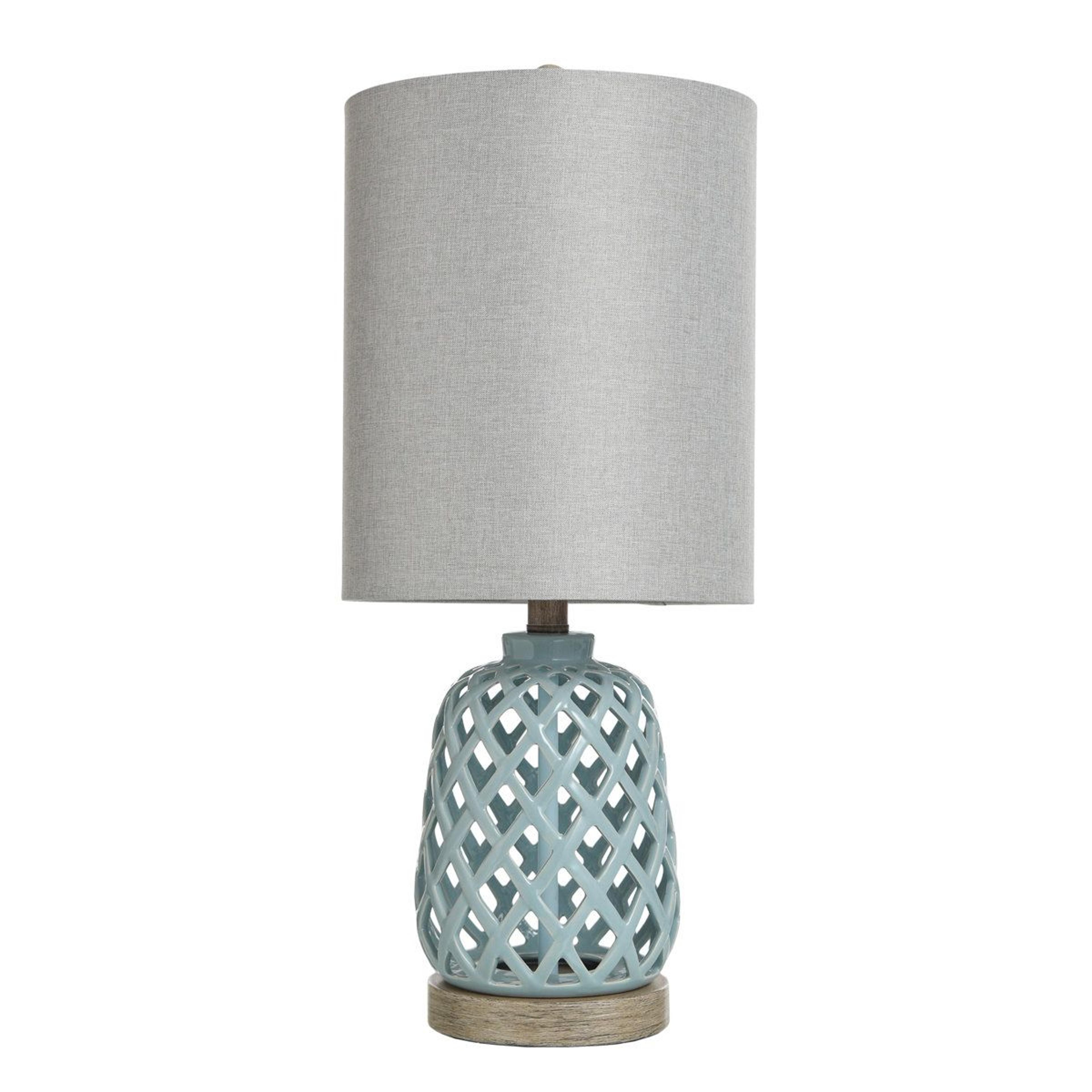 23.25 inch ceramic table lamp open lattice base white drum shade