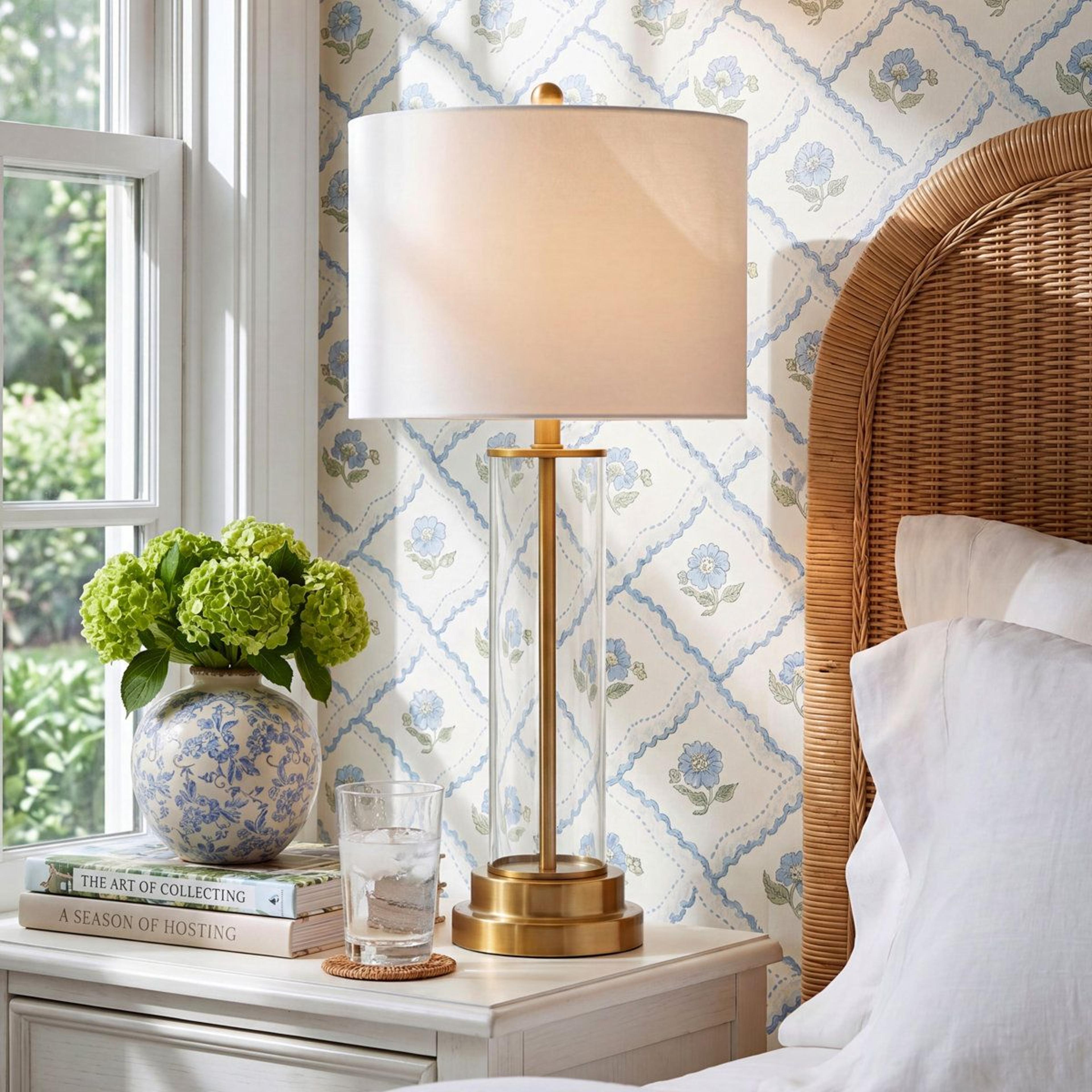 29.25 inch glass and metal standard table lamp with cotton shade