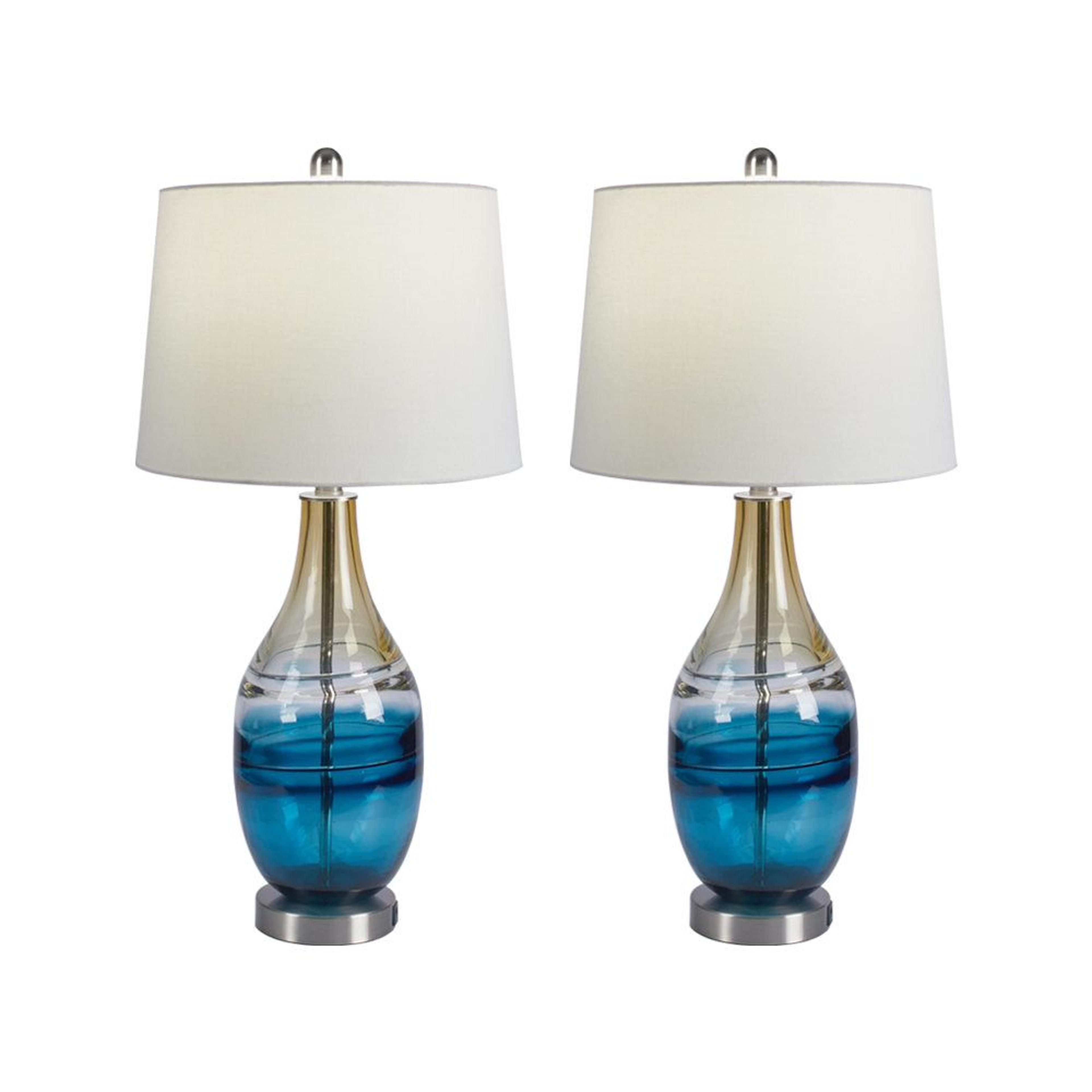28 inch coastal blue and gold glass table lamp set with 3-way dimmable light and usb port