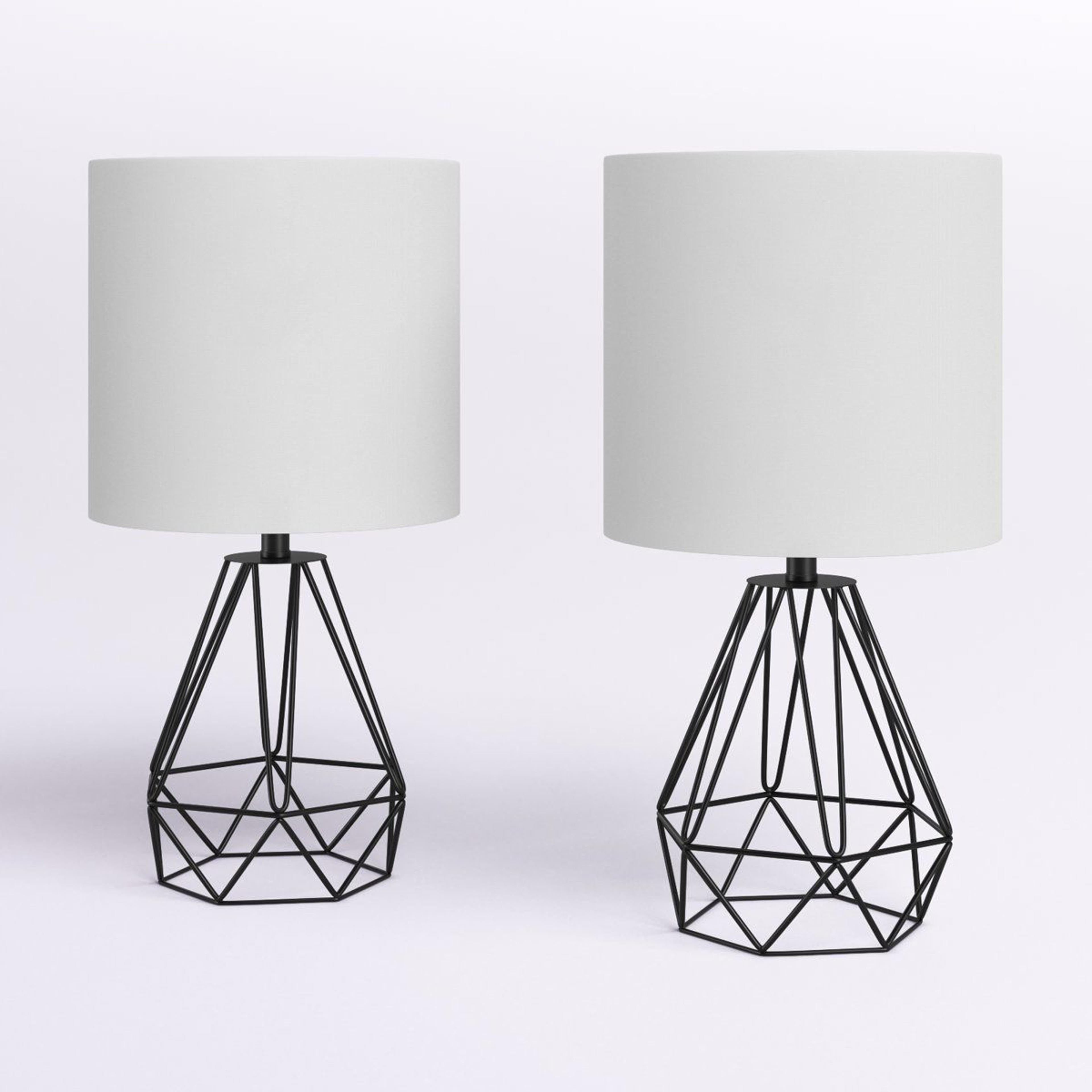 18.75 inch table lamp set of 2 open silhouette wrought iron base linen drum shade