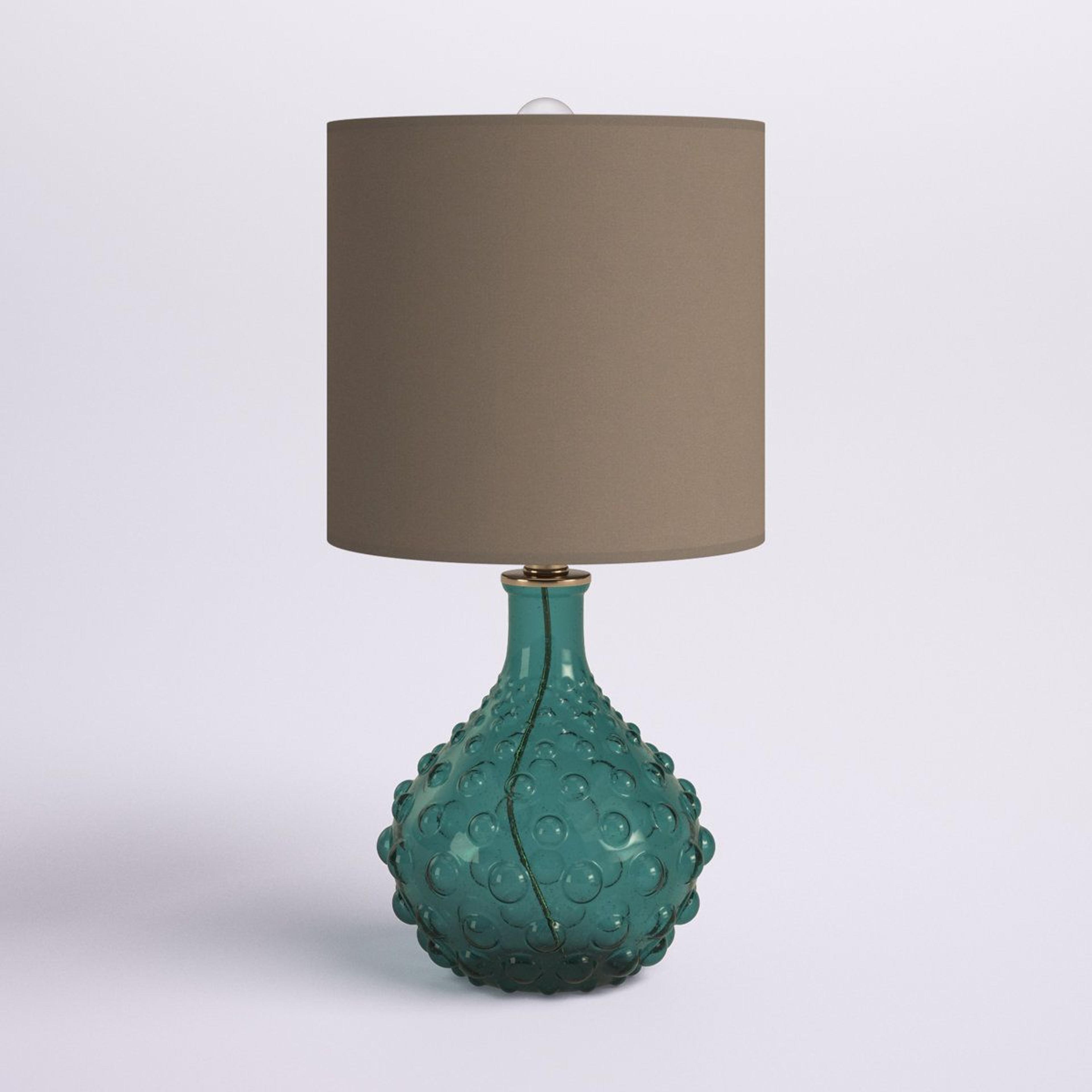 aqua blue glass table lamp with linen drum shade