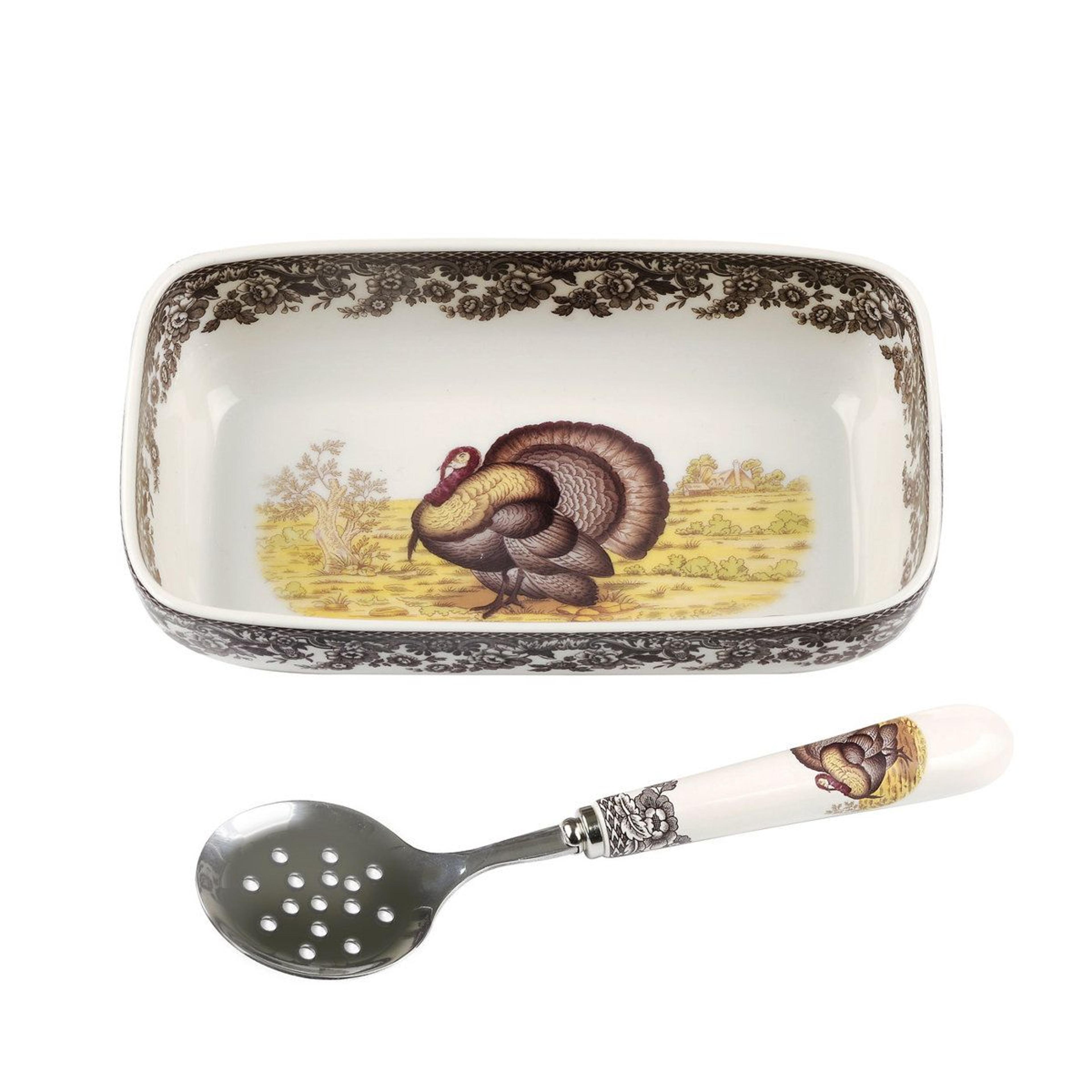 rectangular fine earthenware divided cranberry serving dish with slotted spoon and turkey motif