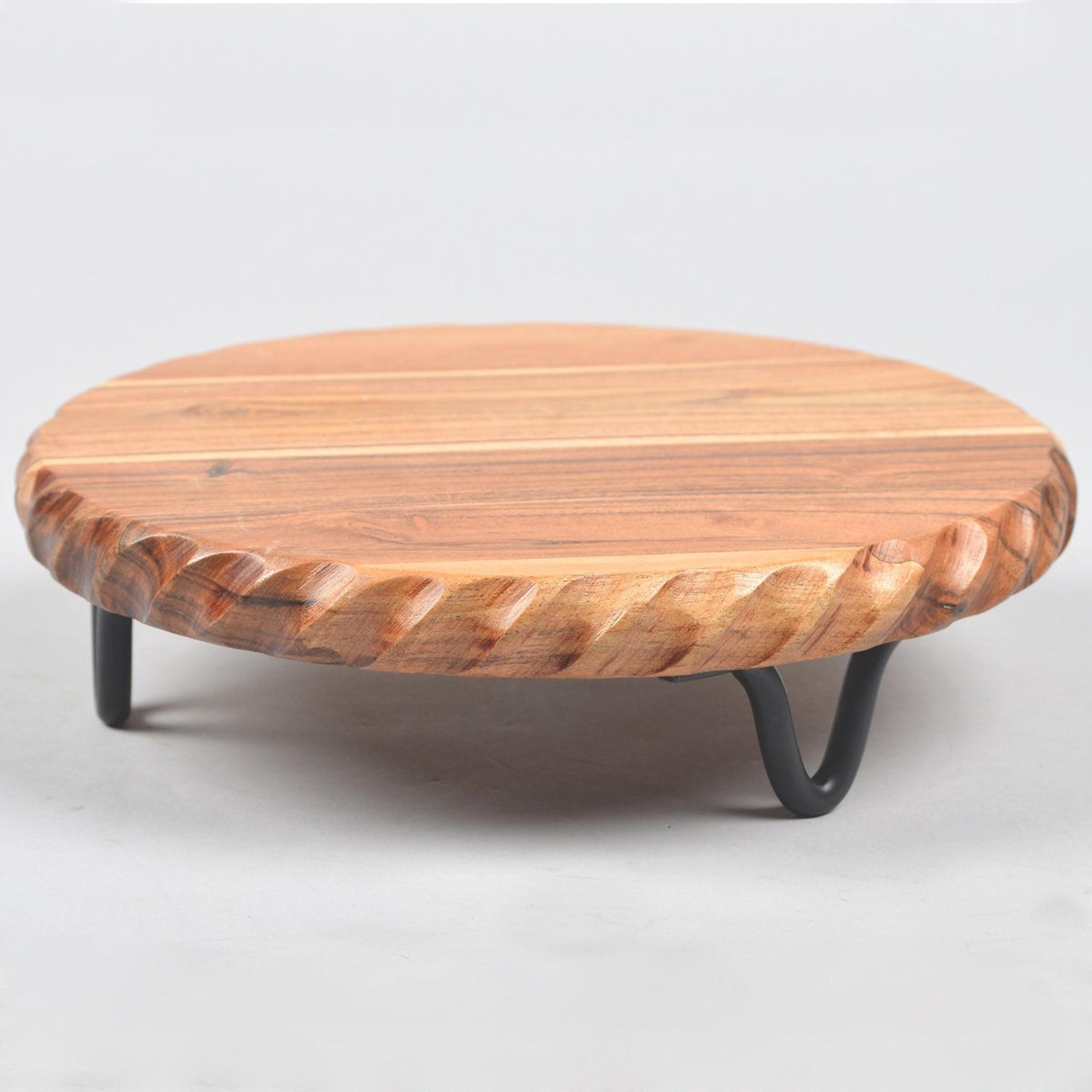 round acacia wood cake stand with powder coated iron legs