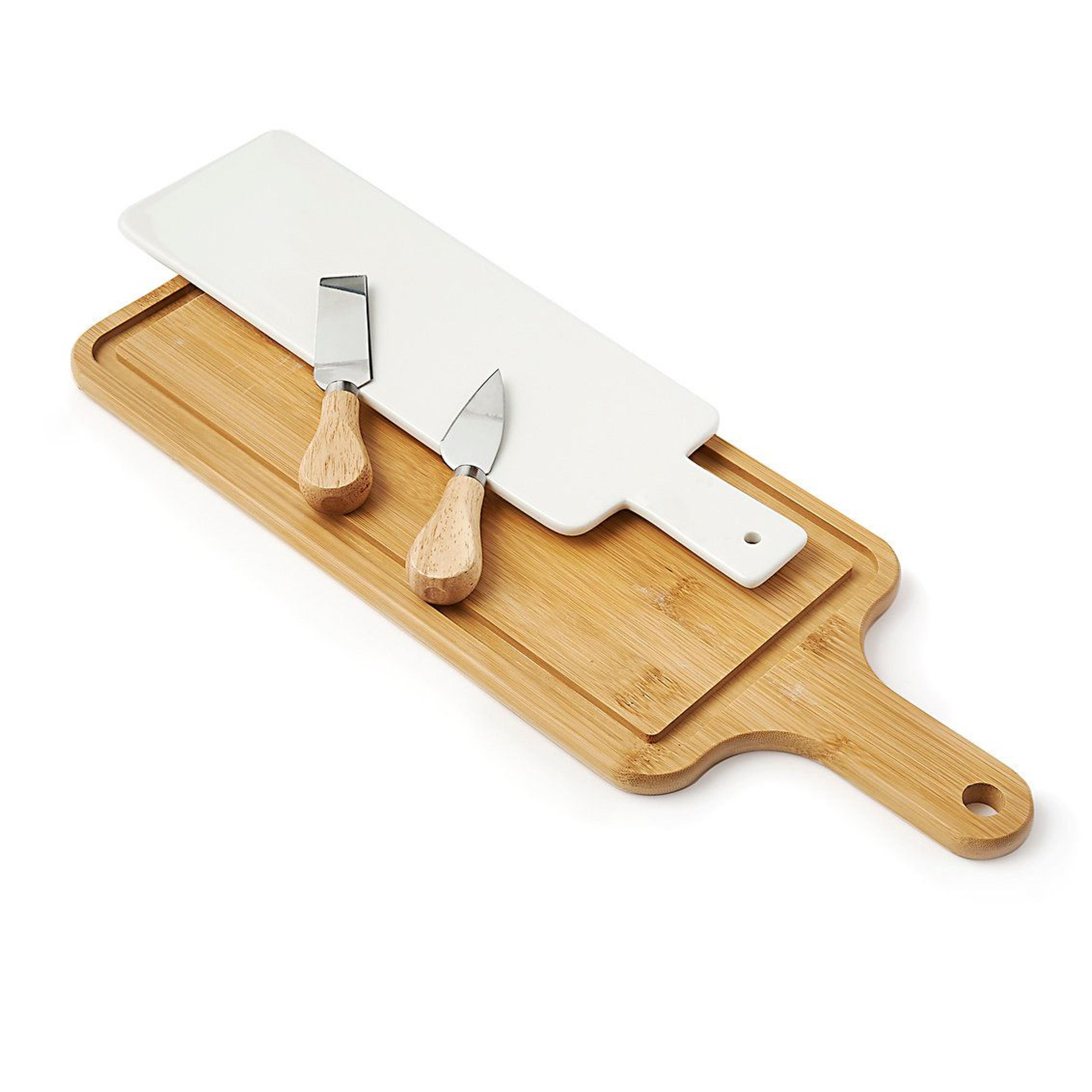 double cheese board set with stainless steel knife and server