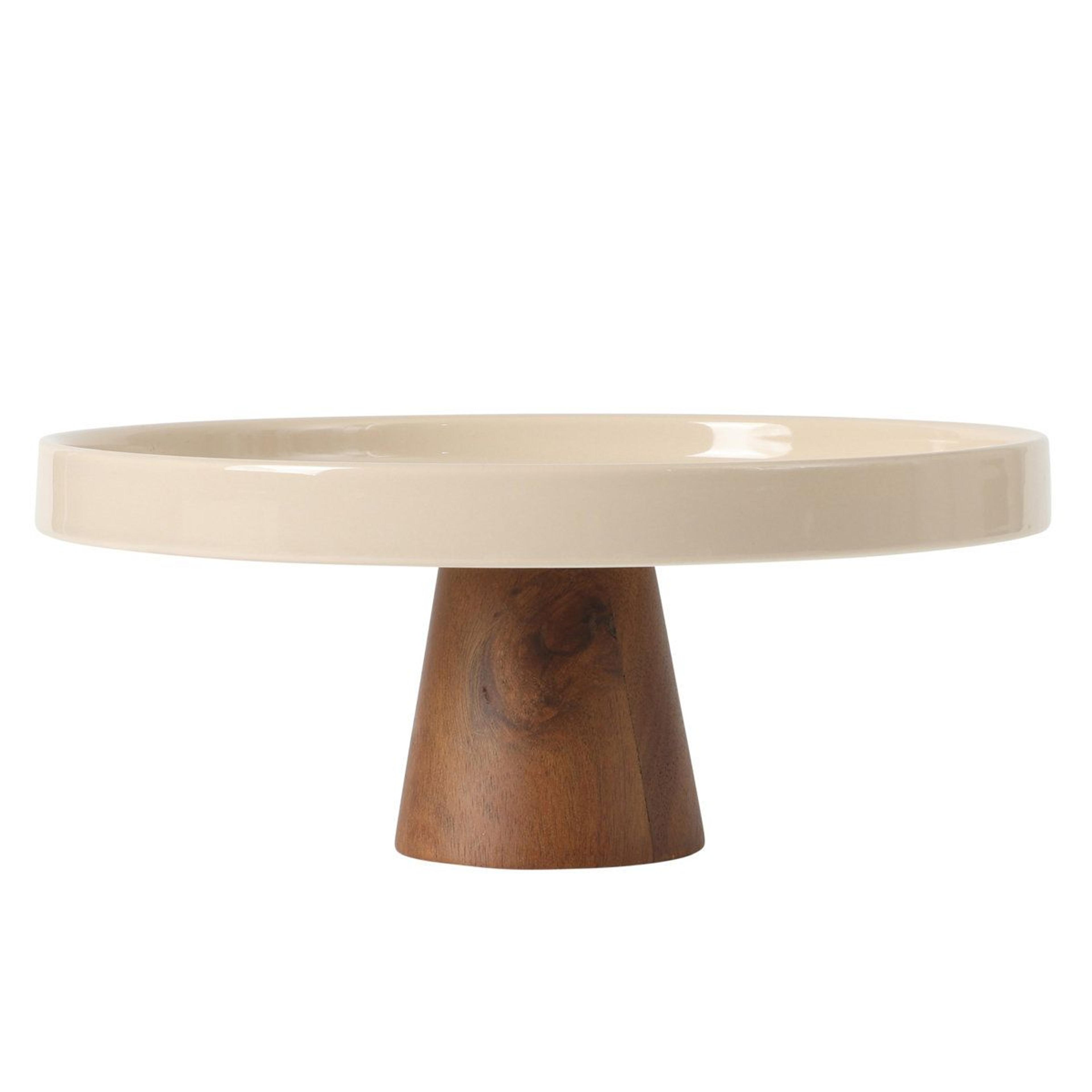 taupe stoneware cake stand with acacia wood base 10.7 inch round dessert display