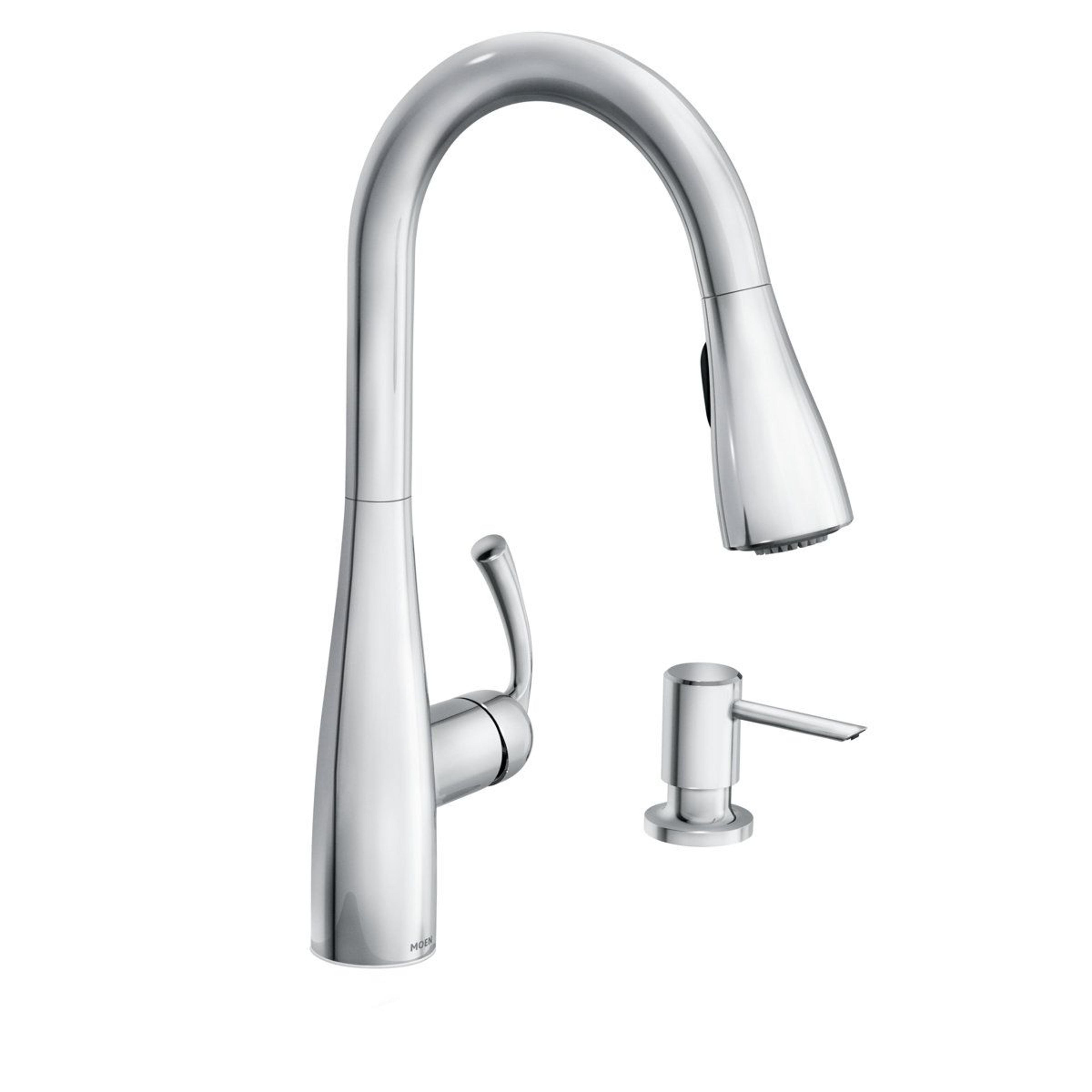 pull-down kitchen faucet with soap dispenser and high arc swivel spout